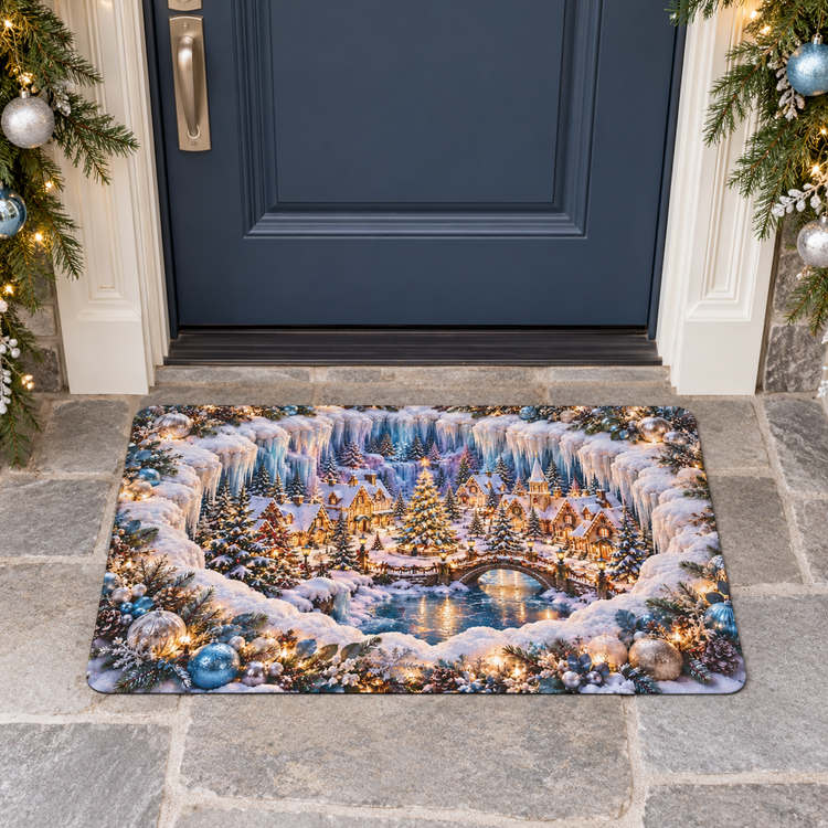 Icy Blue Christmas Village Doormat | Winter Wonderland