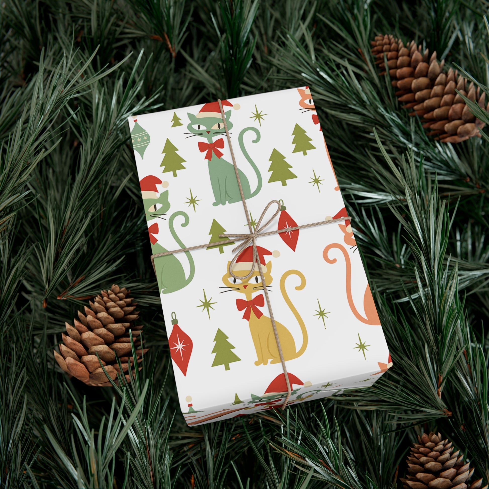 Christmas Atomic Cat Wrapping Paper, Retro Gift Wrap, Pastel Mid-Century Kitty Design, Vintage Holiday 30x20, 30x72, 30x144 Perfect for all Occasion
