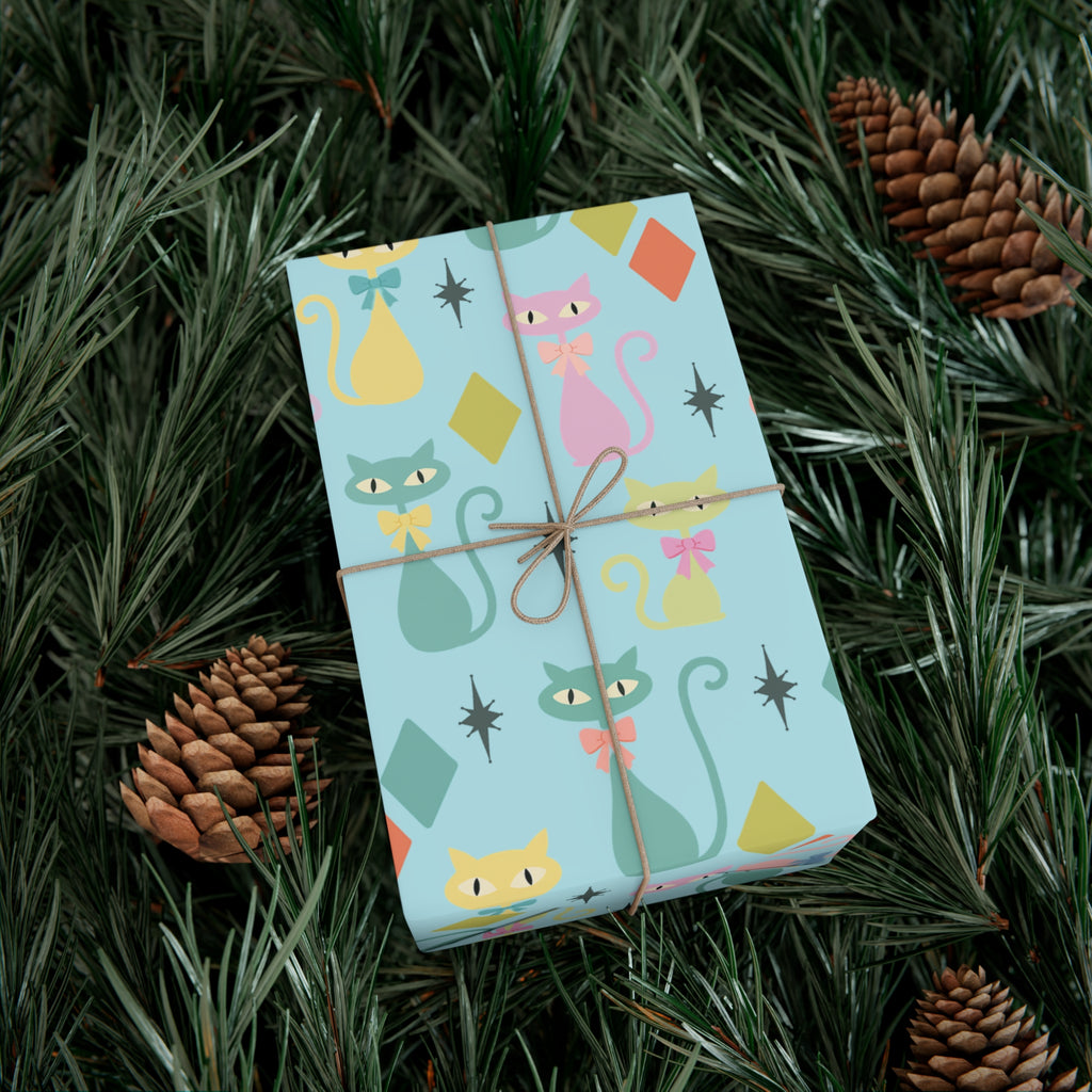 Papier cadeau chat atomique, papier cadeau rétro, motif chaton pastel du milieu du siècle, fêtes vintage 30x20, 30x72, 30x144 Parfait pour toutes les occasions