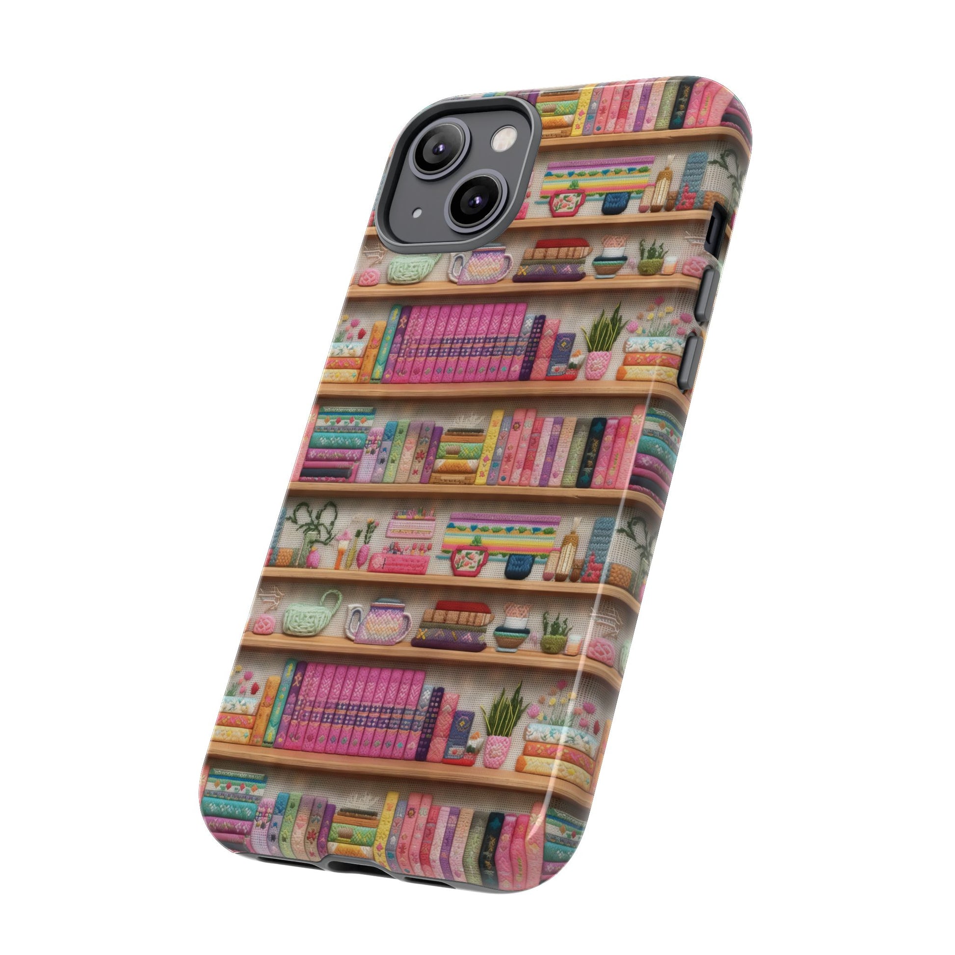 Whimsical 3D Embroidery Illusion Books on Pastel Shelves Phone Case for iPhone, Samsung & Pixel: Unique Accessory for Literary Enthusiasts Gift for Her Perfect for Floral Lover