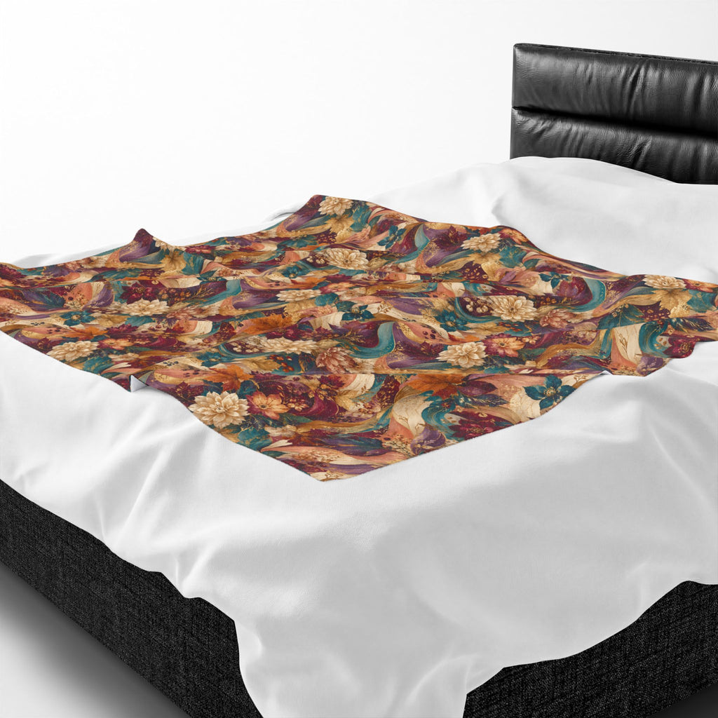Autumn Floral Velveteen Plush Blanket Cozy Vintage  Throw Luxury Botanical Velveteen Plush Blanket Burgundy Teal Gold