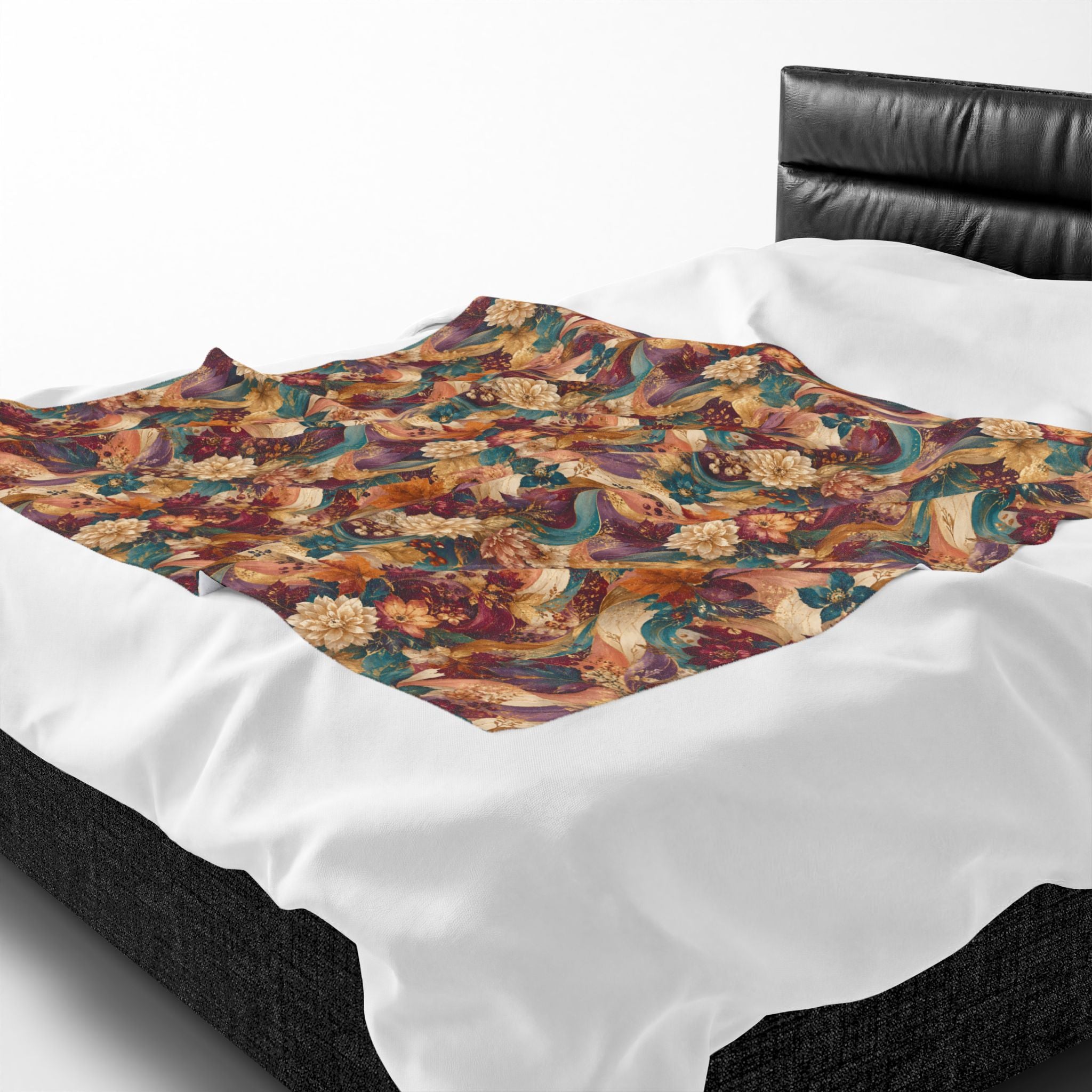 Autumn Floral Velveteen Plush Blanket Cozy Vintage  Throw Luxury Botanical Velveteen Plush Blanket Burgundy Teal Gold