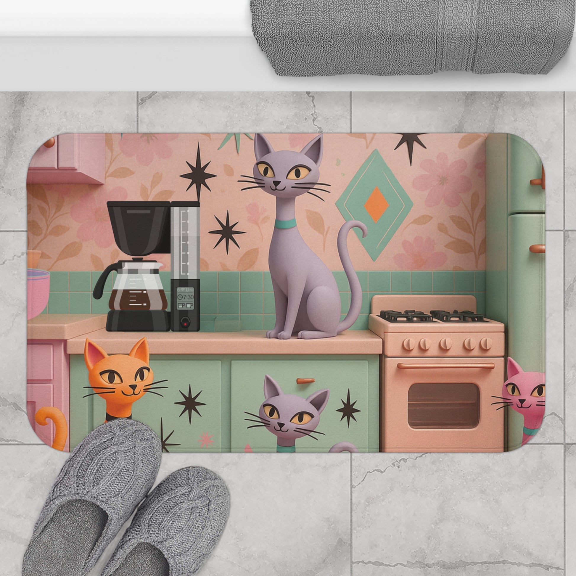 Atomic Cat Mid Century Modern Bath Mat | Retro 1950s Space Age Bathroom Decor | Funky Vintage Starburst Style for Cat Lovers & Retro HomesUpgrade Comfort Home
