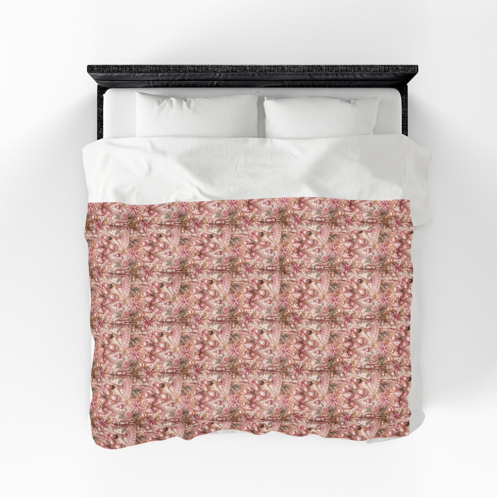 Velveteen Plush Blanket - Pink Ballerina and Nutcracker Bows Christmas