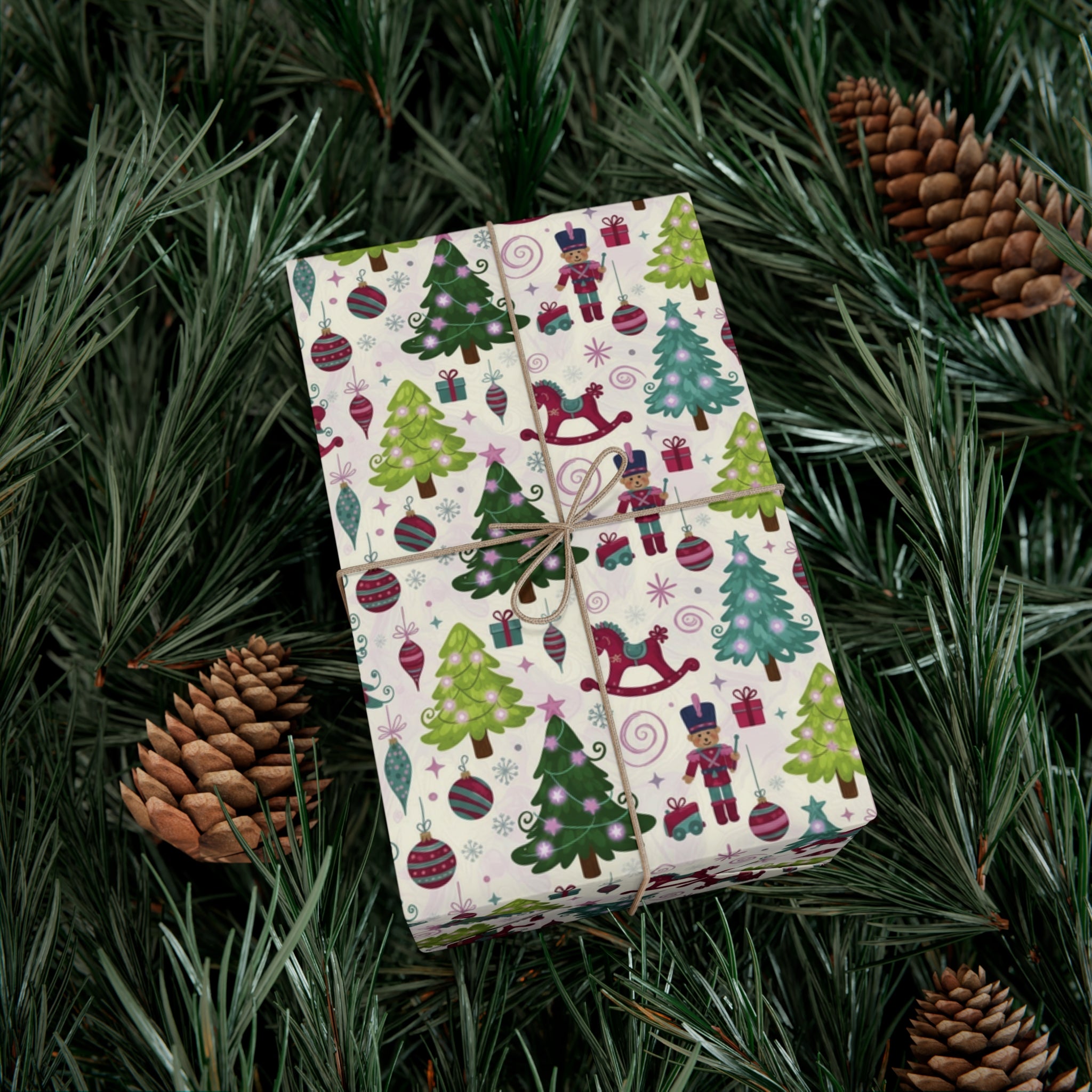 Festive Christmas wrapping paper with toys, trees & holiday icons. Available in 3 sizes—perfect for gifts, parties & seasonal décor.
