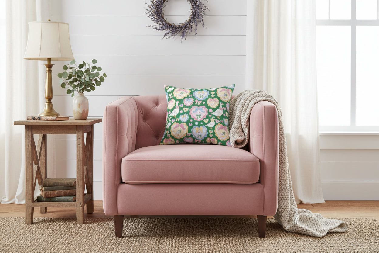 Decorative pillow with a pattern of ducks, hearts, and bows on a green background.