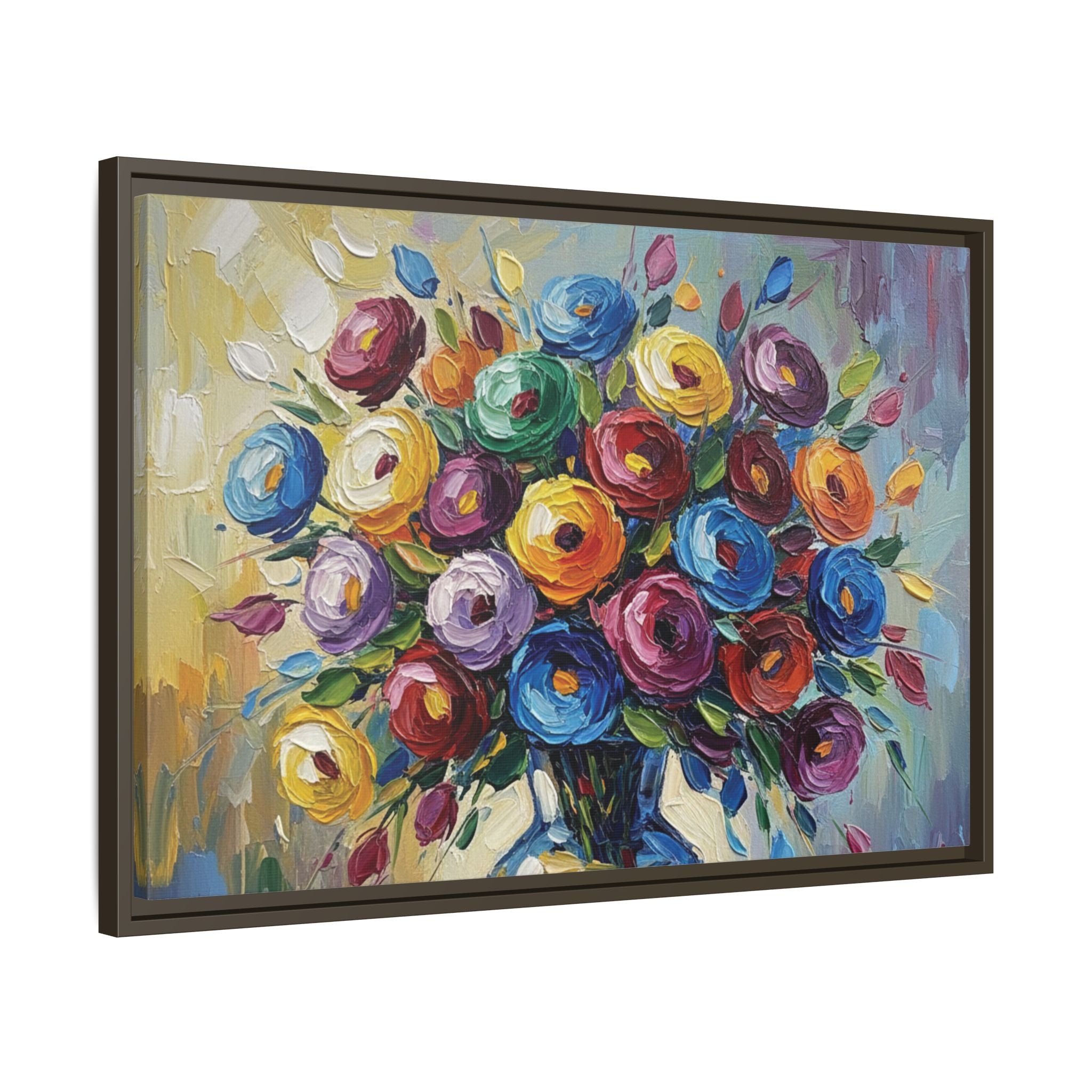 Impression sur toile bouquet floral aquarelle - Tableau mural encadré mat - Illusion de peinture à l'huile vibrante