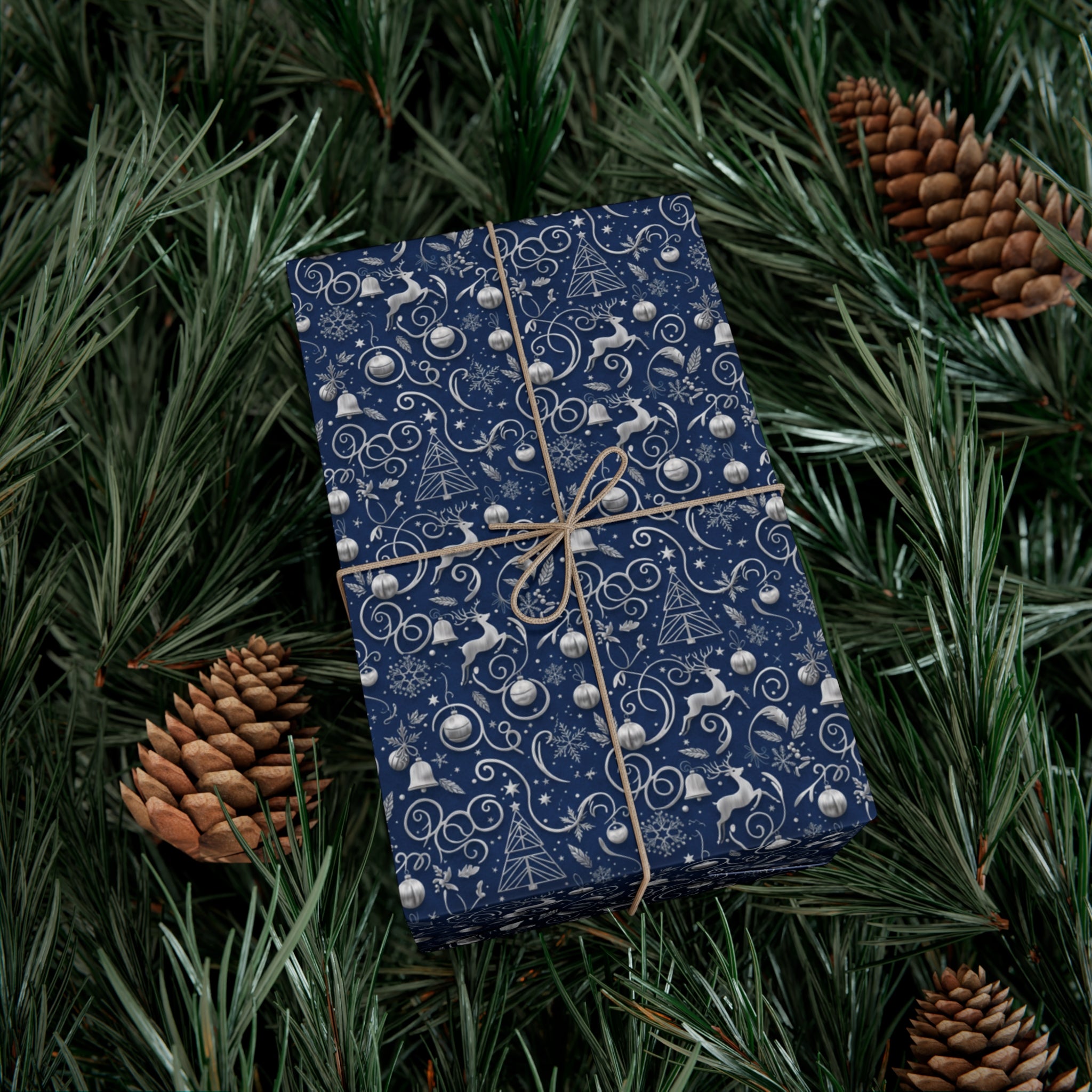 Emballage Cadeau de Noël Bleu et Argent Élégant – Feuilles et Rouleaux de Papier Cadeau Festif | MRSBYVALLE