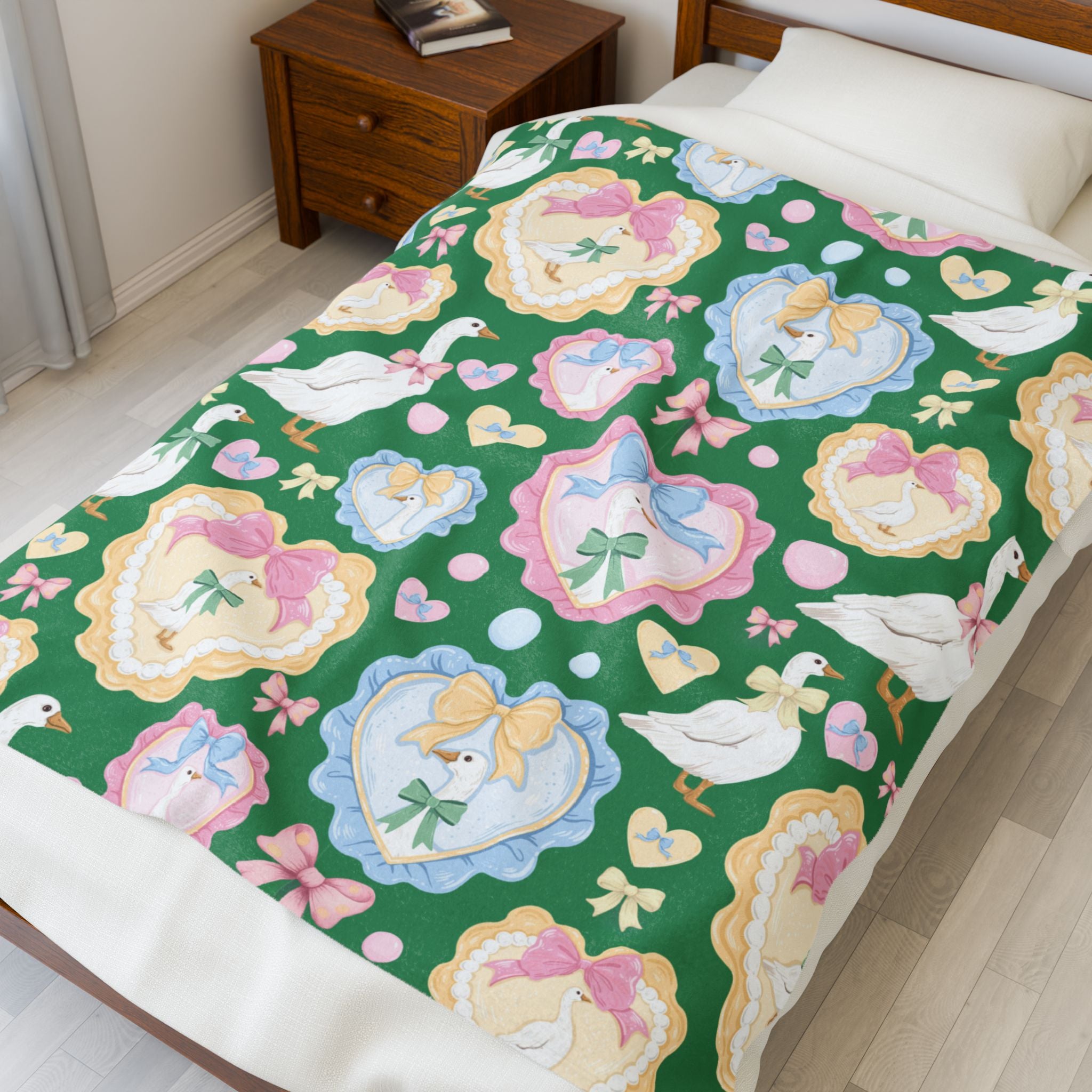 Silly Goose Green Velveteen Plush Blanket — Pastel Bows & Hearts Cozy Throw