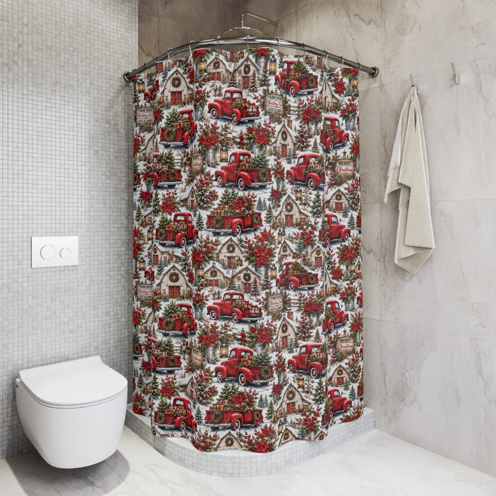 Rustic Red Truck Farmhouse Christmas Shower Curtain