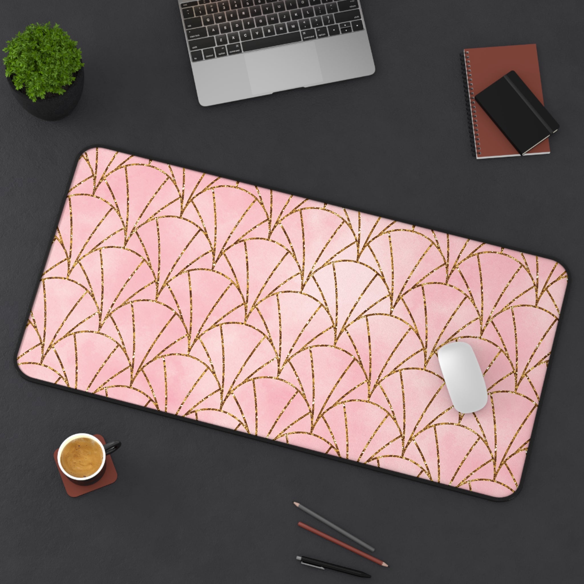 Art Deco Pink & Gold Fan Desk Mat — Glam Desktop Mouse Pad