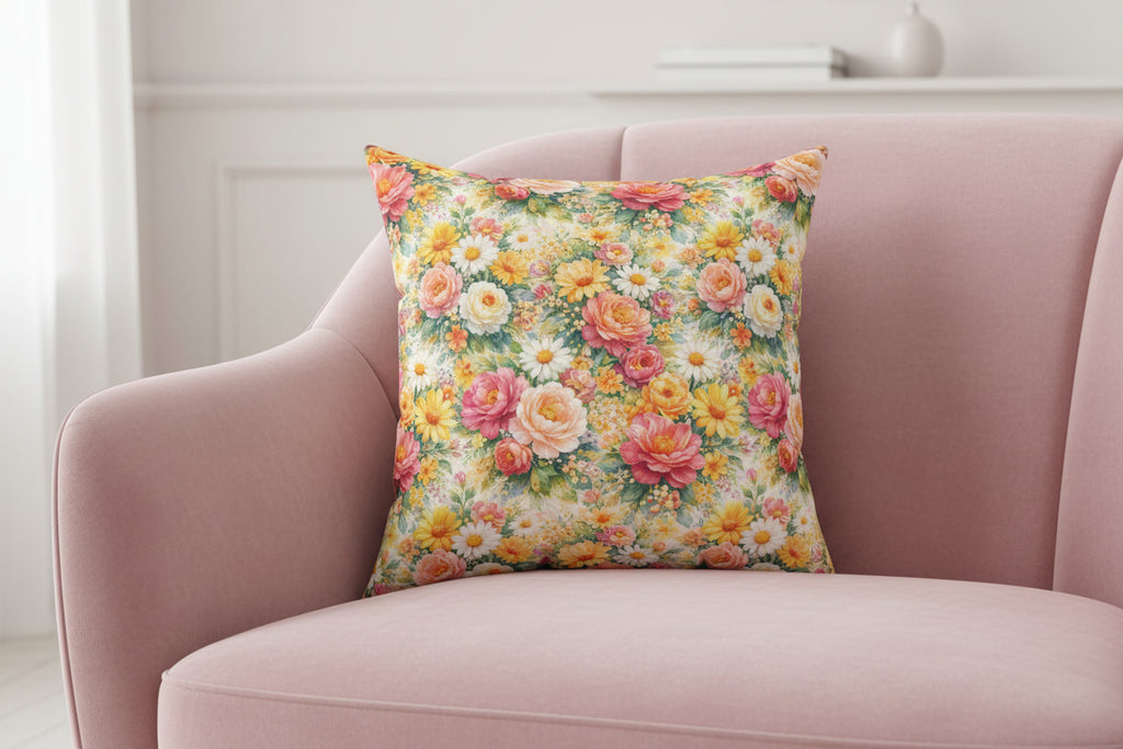 Floral patterned pillow on a white background