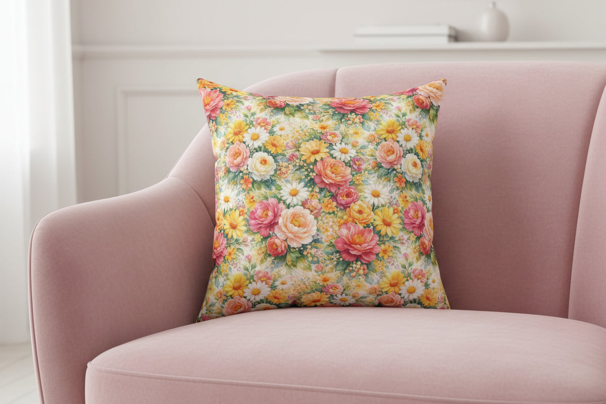 Floral patterned pillow on a white background
