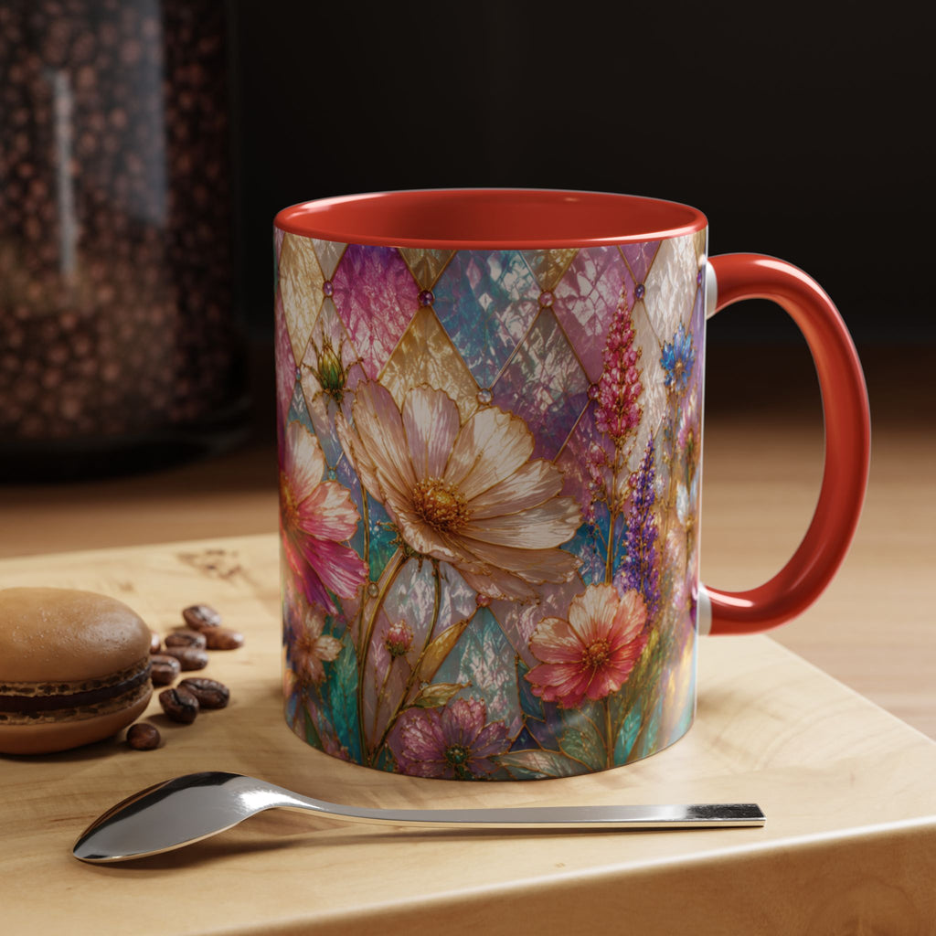 Floral Mosaic Accent Coffee Mug — Colorful Garden Flowers 11/15oz Stain Glass Illusion