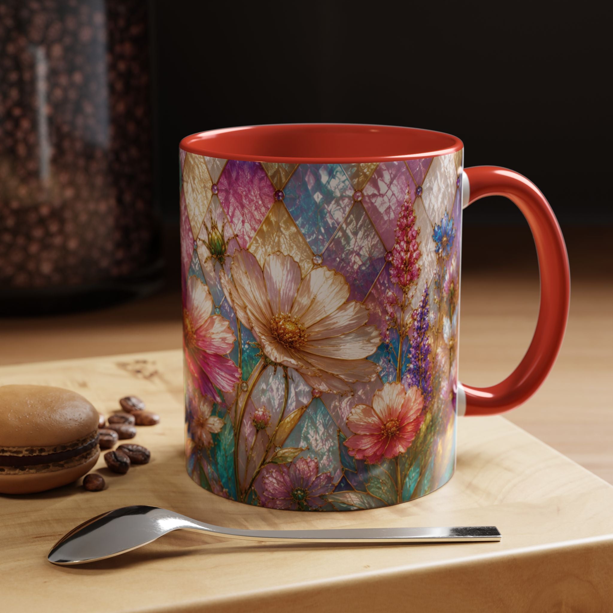 Floral Mosaic Accent Coffee Mug — Colorful Garden Flowers 11/15oz Stain Glass Illusion