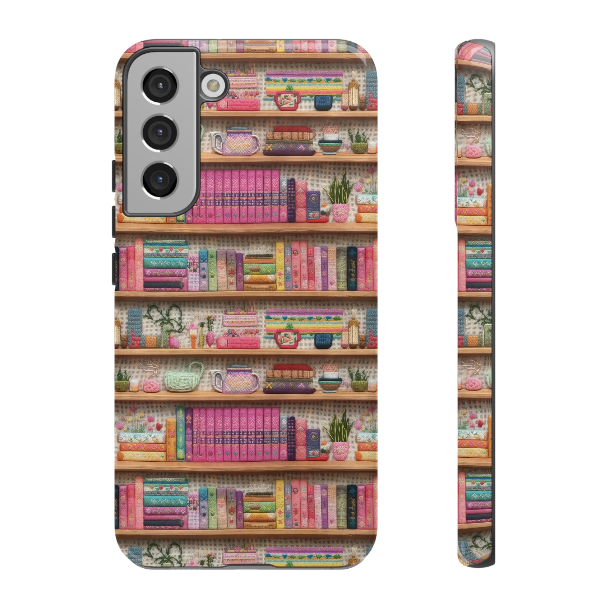 Phone Case 3D Illusion Books & Shelf Embroidery Design with Vibrant Colors Gift for Her Phone 15, Samsung iPhone Samsung Gift for Her Case iPhone 15, Samsung iPhone Samsung Accessory Gift for Her.