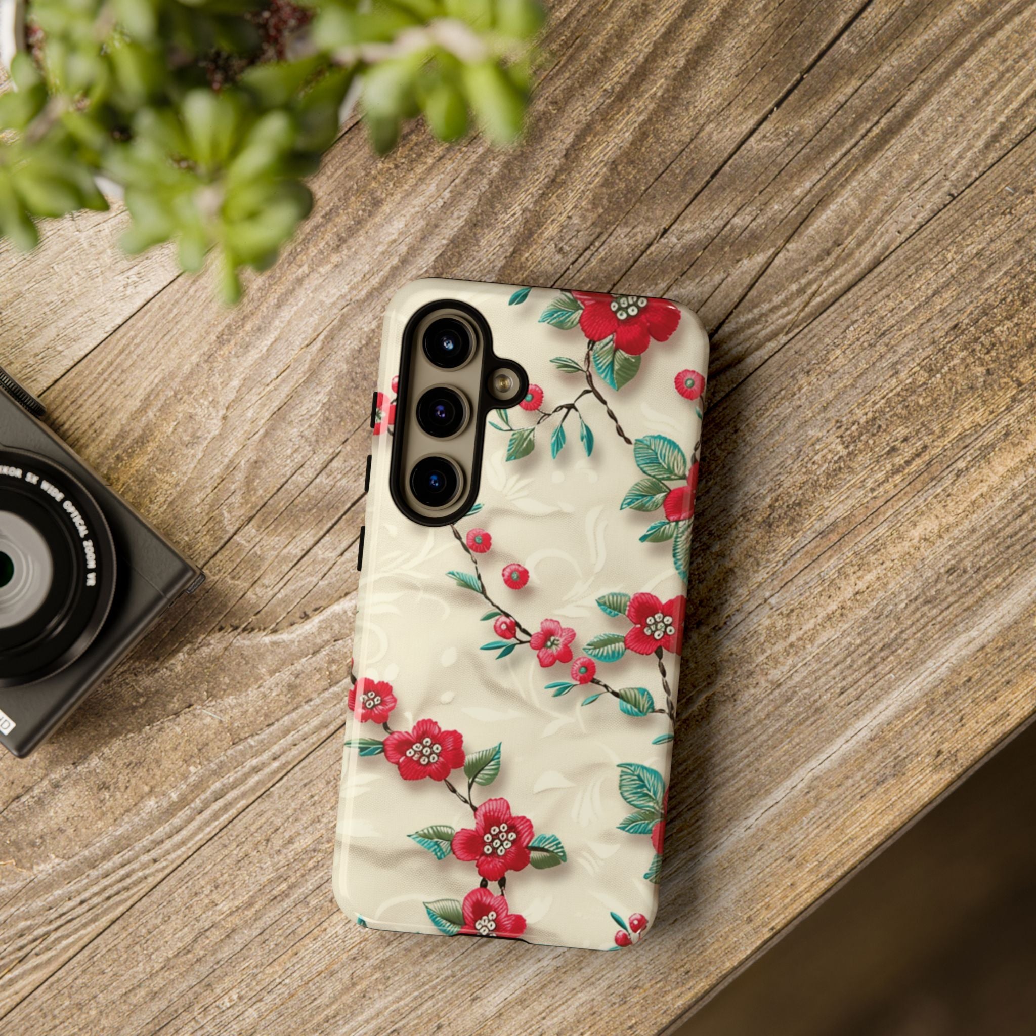 3D Embroidery Illusion Red Flowers Phone Case for iPhone, Samsung Pixel Artistic Floral Protection 15 14 13 12, 21 23 Gift for Her Perfect for Floral Lover