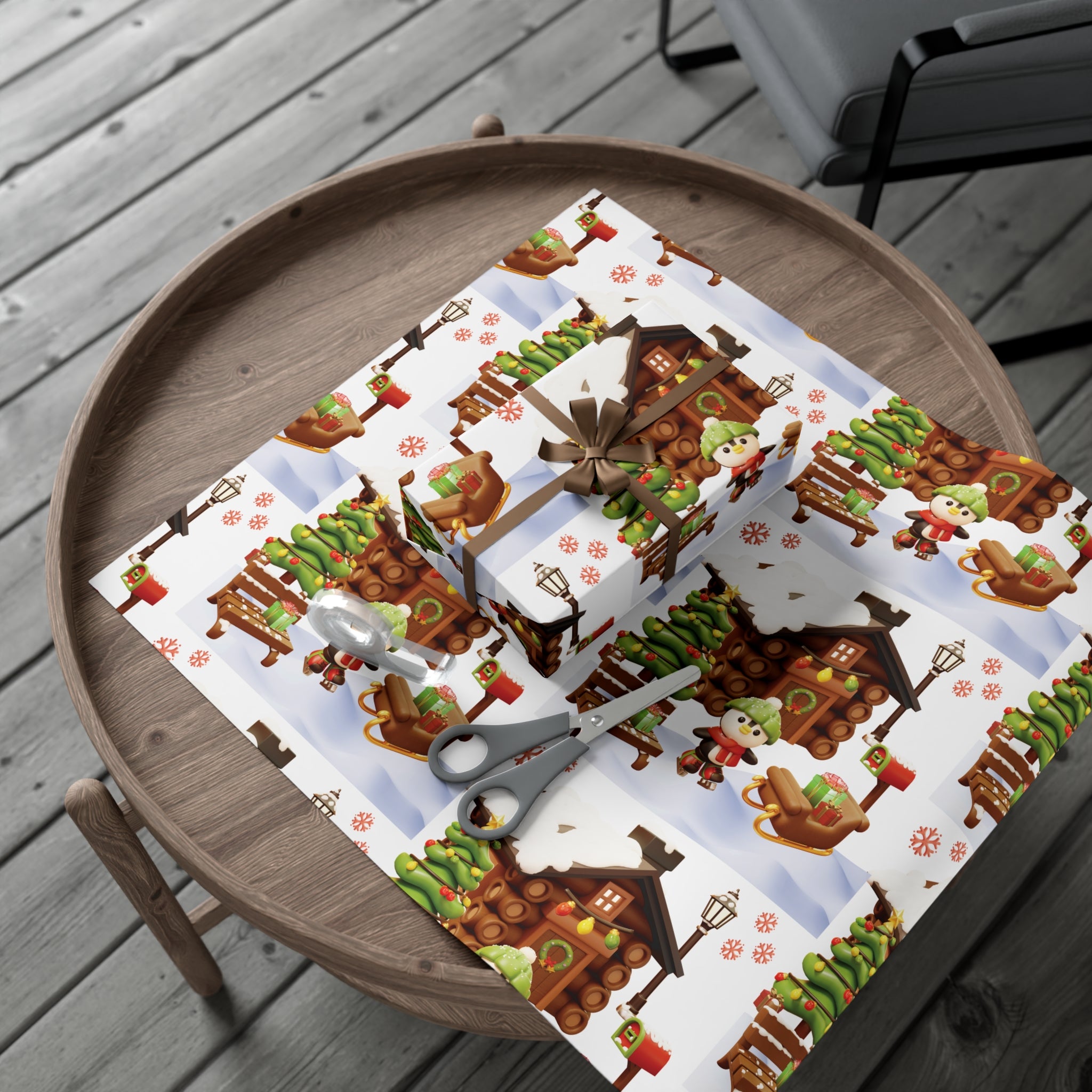 3D Illusion Penguin Wrapping Paper Cute Winter Penguin & Snow Cabin Scene, Festive Christmas Gift Wrap, Holiday Present Paper in 3 SizesPerfect for Seasonal Gifting