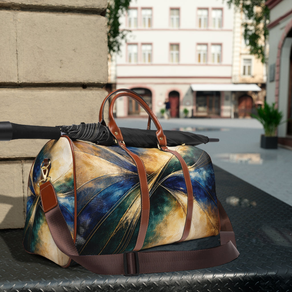 Luxury Blue & Gold NeoDeco Waterproof Travel Bag — Gilded Convergence