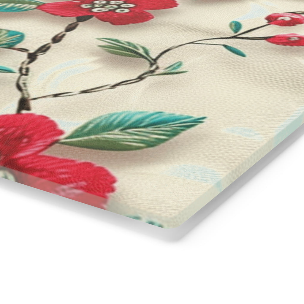 Vibrant 3D Embroidery Illusion Red Flowers Tempered Glass Cutting Board: Durable & Stylish for Cooking and Serving Stylish Cooking Kitchen Decor Housewarming, New House Gift - MRSBYVALLE
