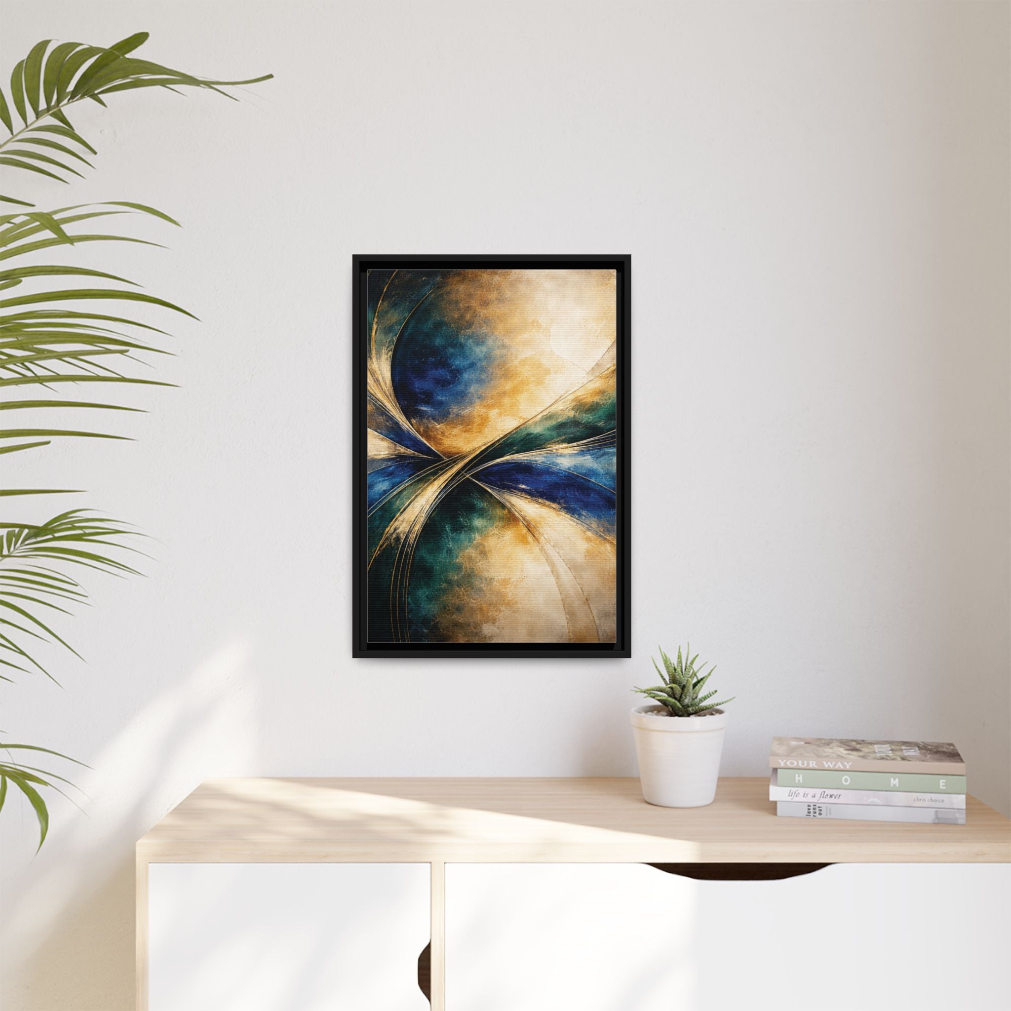Gilded Convergence  Luxe NeoDeco Blue & Gold Abstract Wall Art Framed