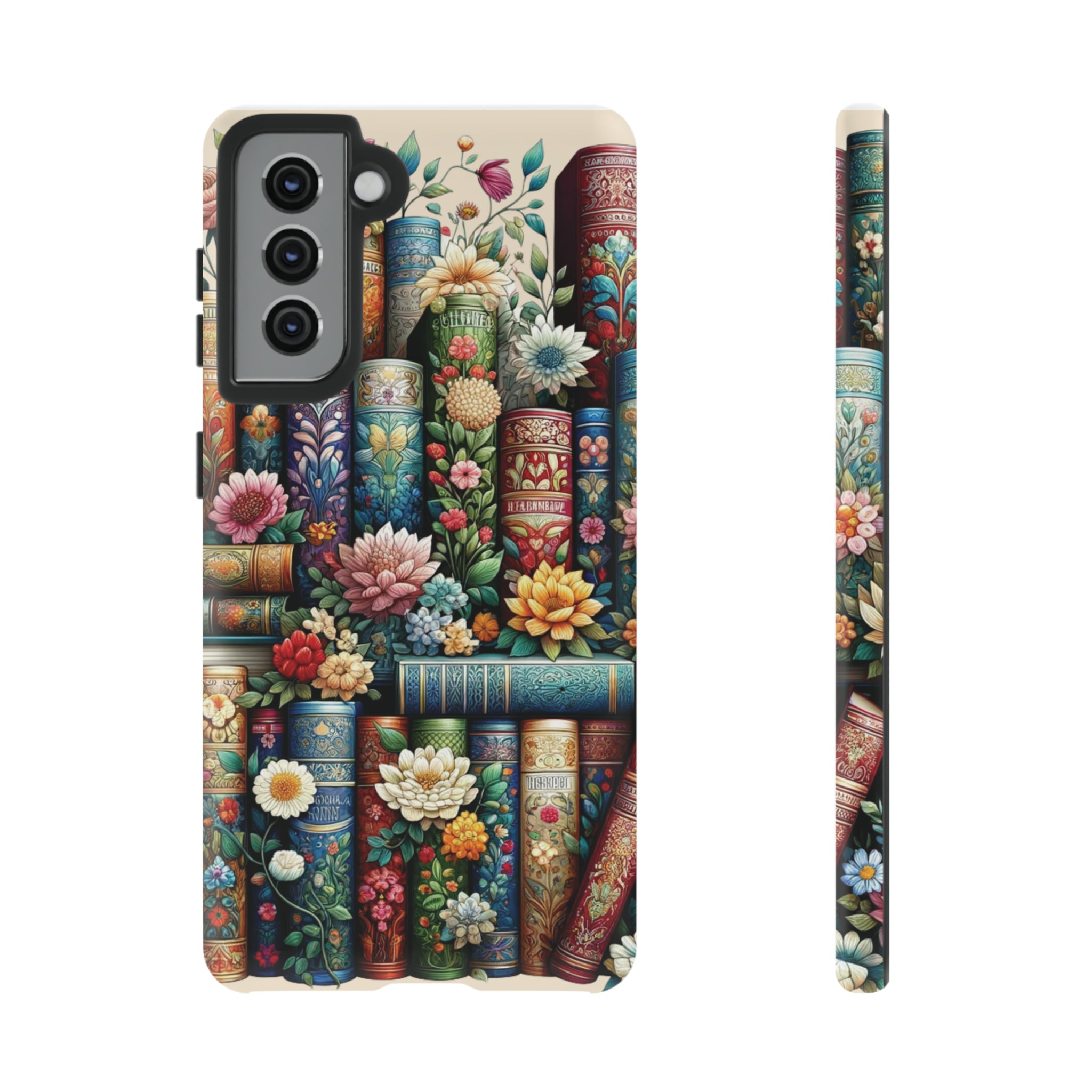 Books and Floral Boho Luxury Phone Tough Case Floral Elegant Durable Stylish for Modern Devices iPhone 15, Samsung iPhone Samsung Accessory Gift for Her.
