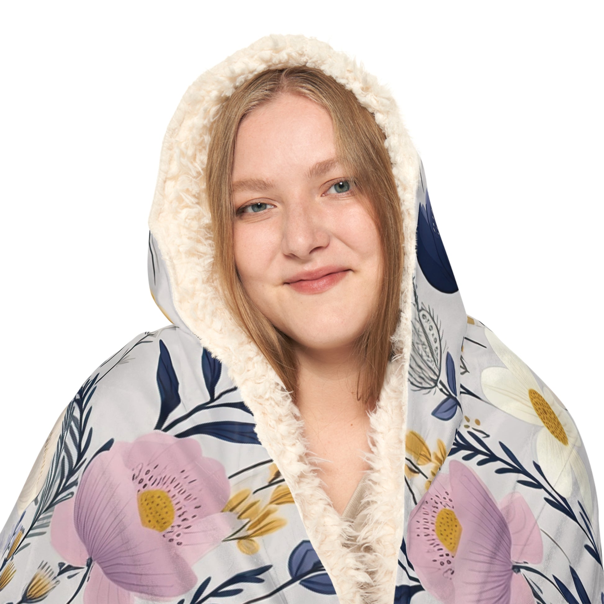 Blue & Yellow Floral Hooded Blanket – 3D Illusion Cozy Throw, Soft Sherpa Gift for Her, Warm Winter Blanket for Couch or Bed Gift Idea