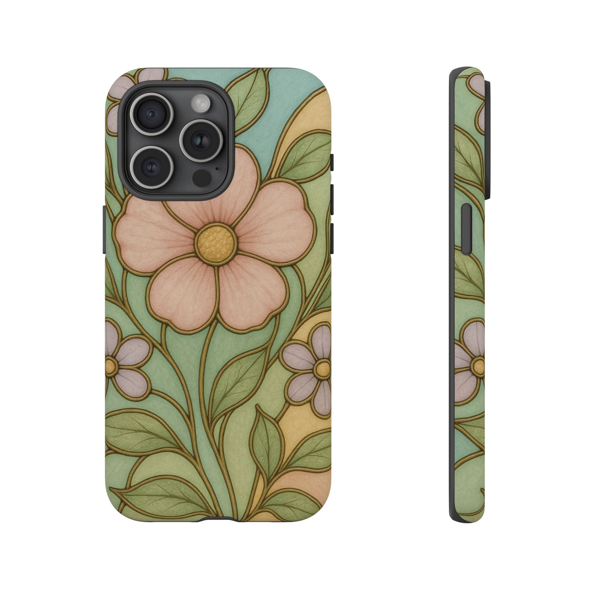 Pastel Pink, Yellow Stain Glass Illusion Floral Phone Case  Romantic Cottagecore Aesthetic, Soft Botanical Design, Protective Gift for Her, Fits iPhone & Samsung Models
