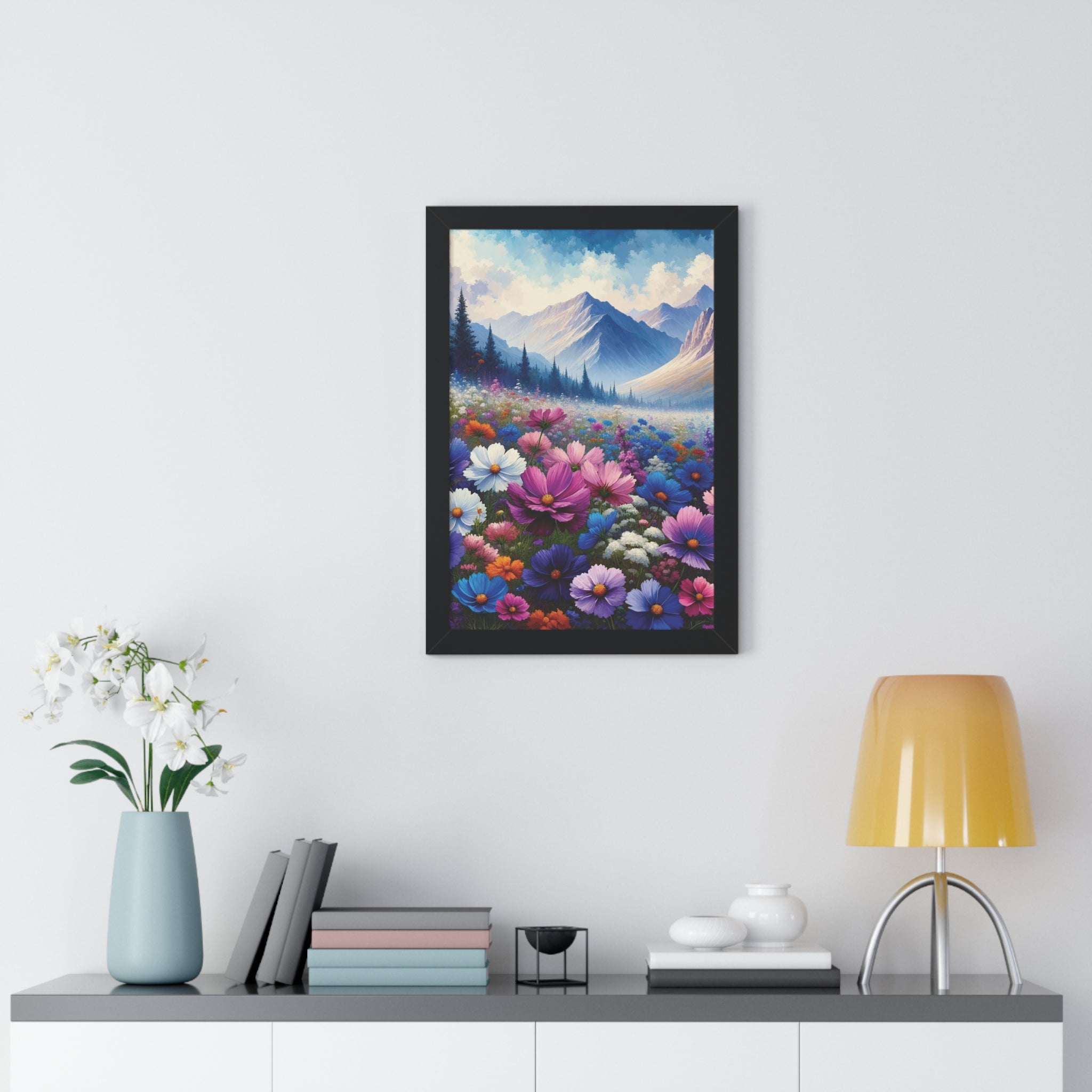 Wall Art Beautiful Wildflowers and Mountains Wildflower Art Watercolor Floral Framed Canvas Print Wall Art  Classic Encased in Black, White, or Walnut Frames with Durable Acrylic Protection Ready to Hang  Timelessly Crafted..