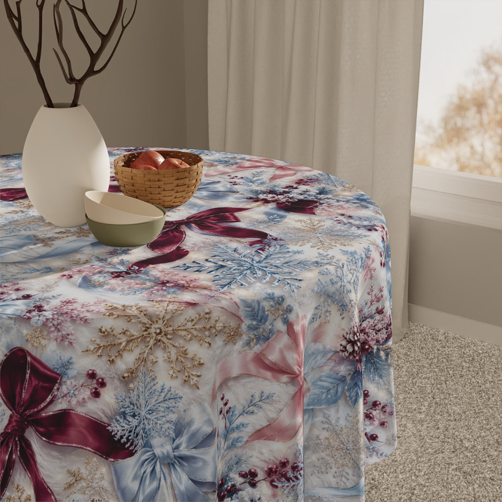 Winter Floral Bow Tablecloth | Holiday Icy Blue Pinks and Ribbon Pattern