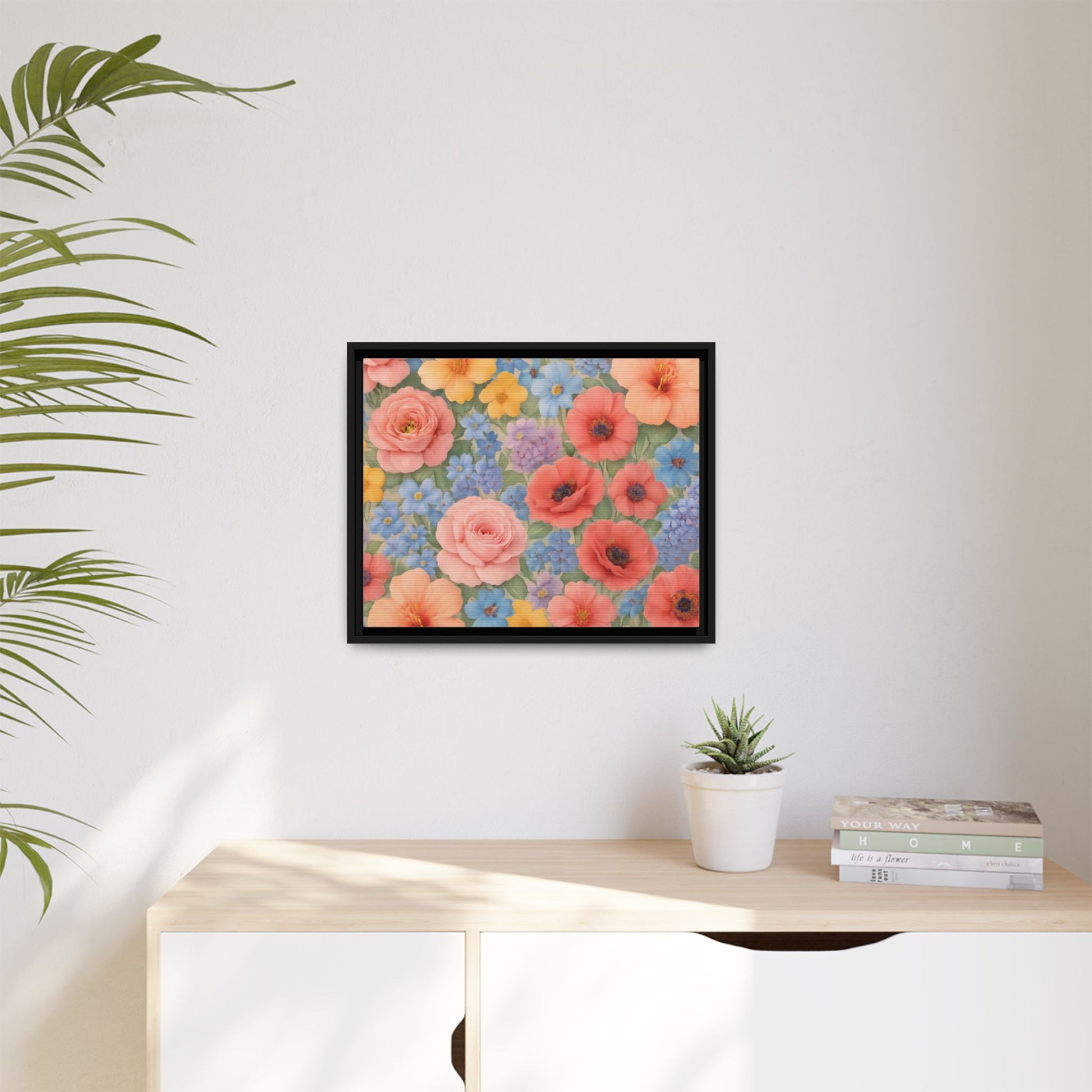 Luxury Framed Floral Canvas – Bold Multi-Color Botanical Wall Art, Elegant Nature-Inspired Accent for Living Room, Bedroom, or Office Décor Gift for Mom