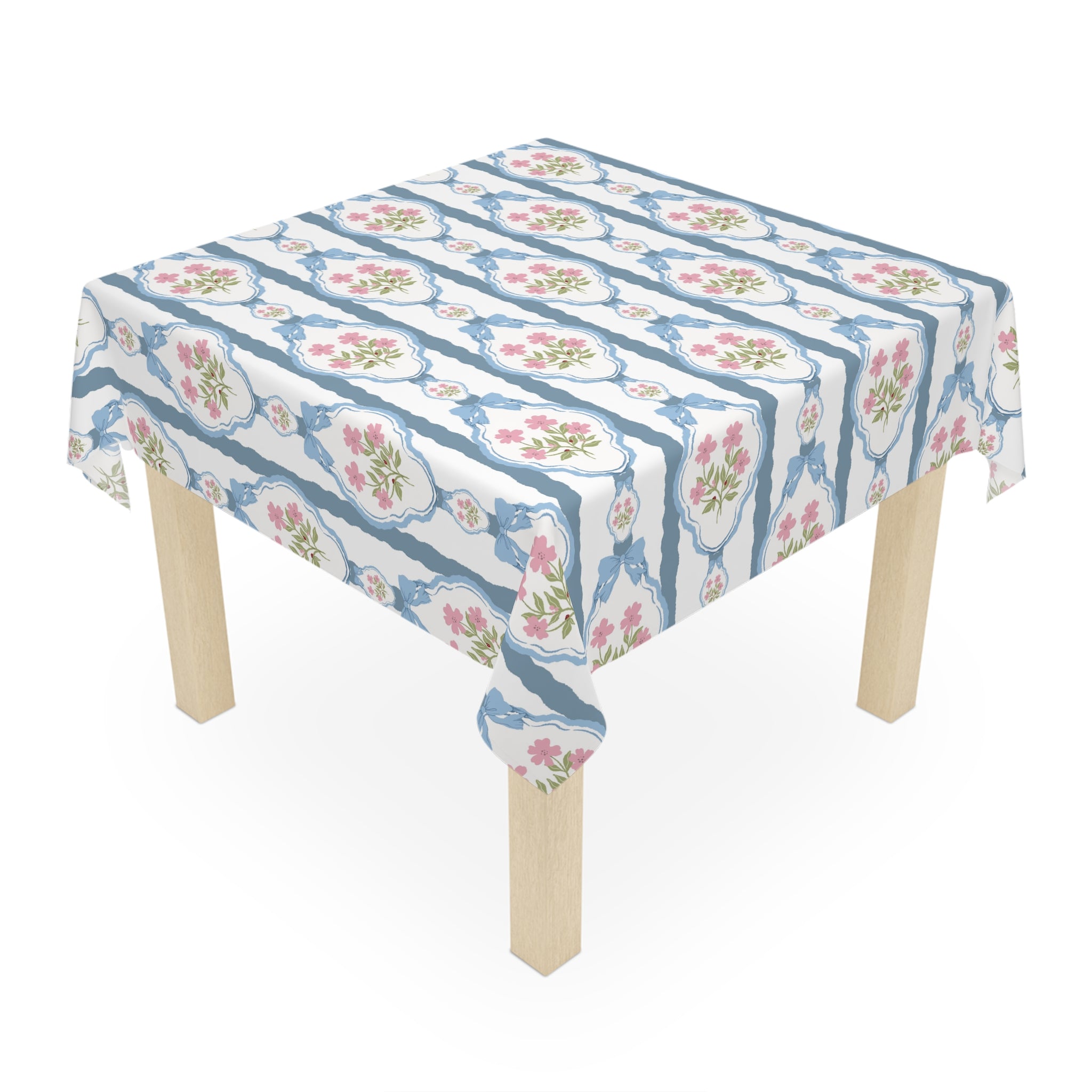 Vintage Blue and Pink Bow Tablecloth — Romantic Floral Table Linen