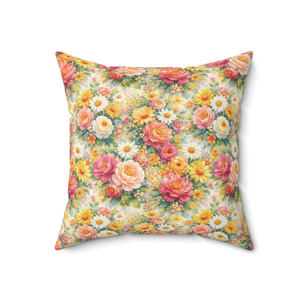 Pink & Yellow Wildflower Garden Pillow — Lush Botanical Square Throw Pillow