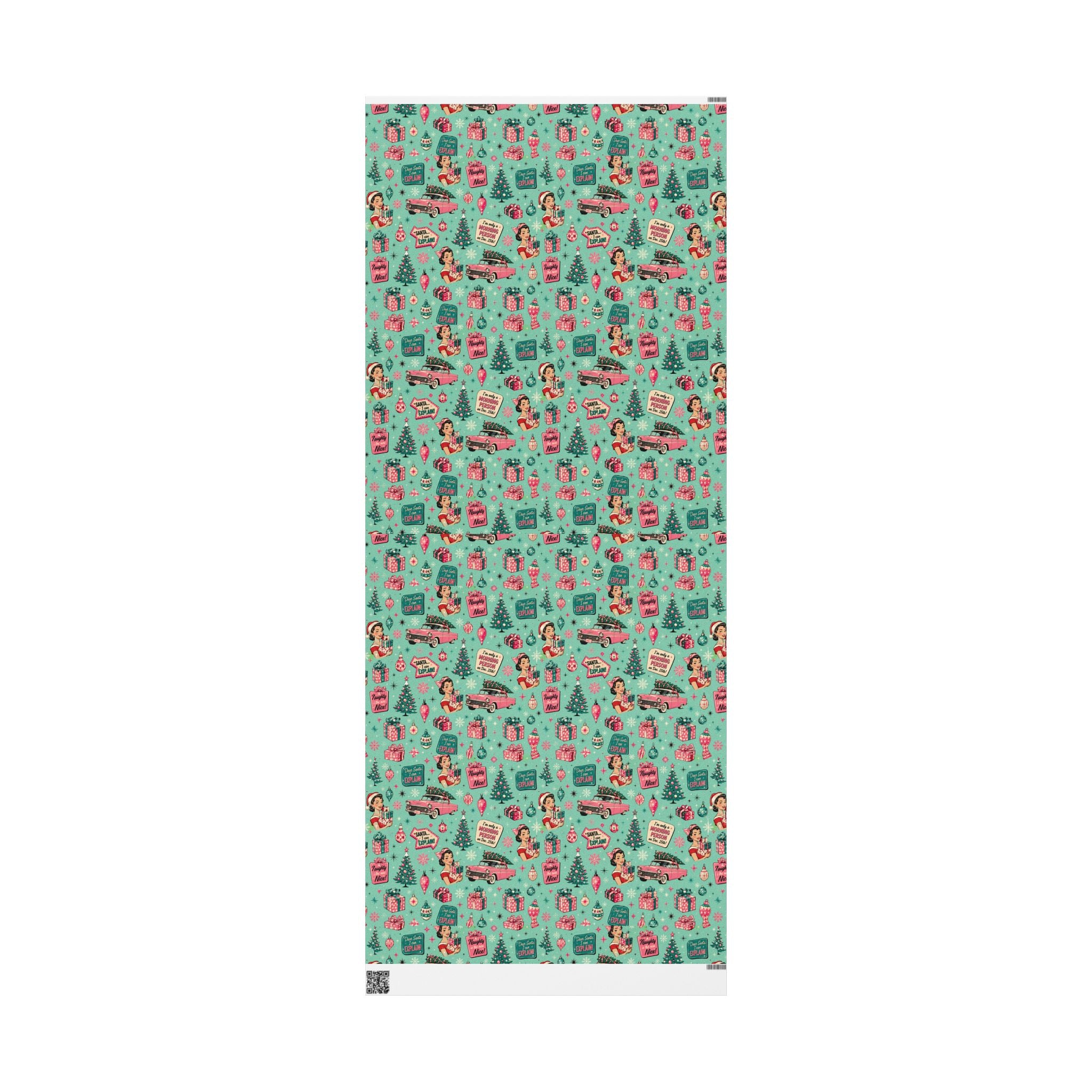 Funny Retro Christmas Wrapping Paper  Vintage Pink Holiday Gift Wrap  Mid Century Christmas Gifts Cute Nostalgic Xmas Paper