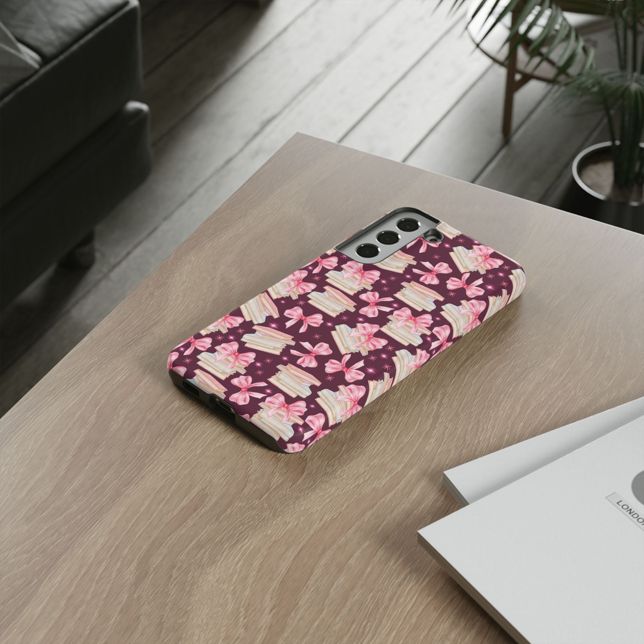 Coquette Pink Bows & Books Phone Case for iPhone 17 and Samsung, Pixel | Stylish Protective Cover Gift for Her Perfect for Floral Lover