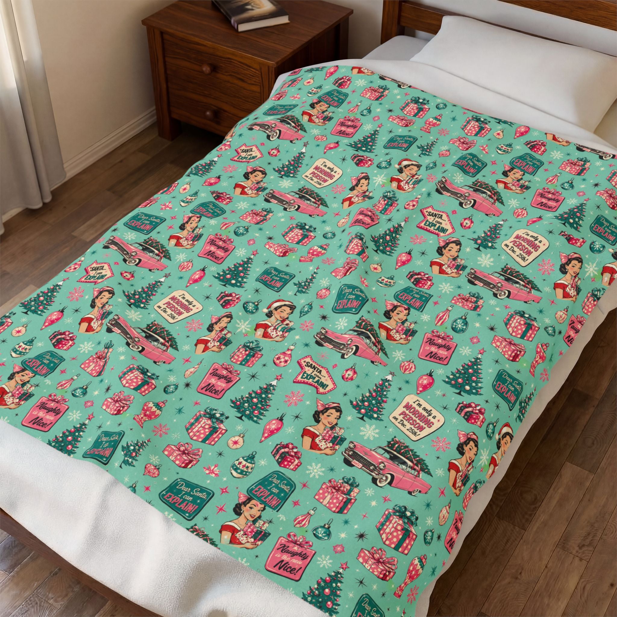 Funny Retro Pink Christmas Blanket Vintage Mid Century Holiday Throw Cozy Christmas Couch Blanket Festive Winter