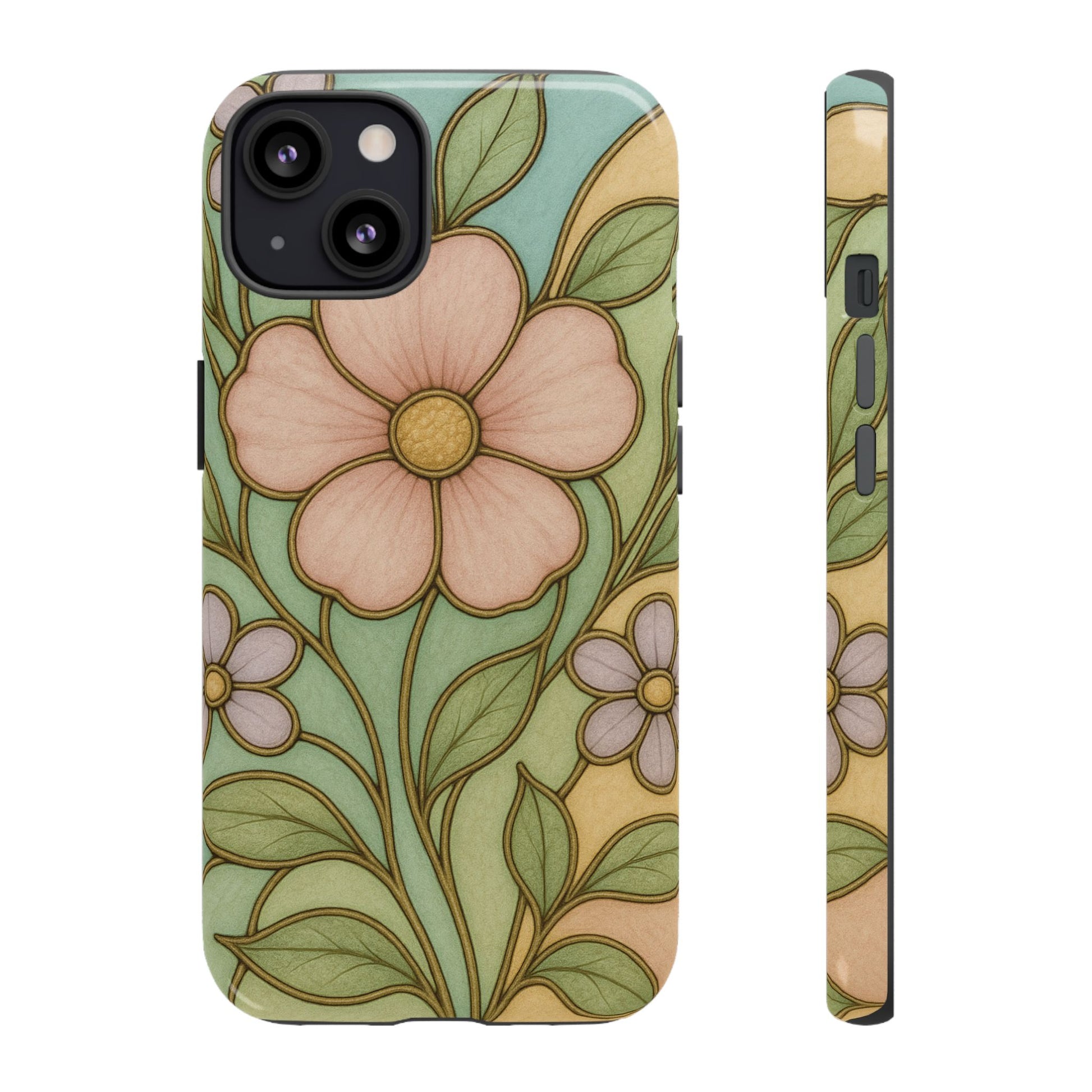 Pastel Pink, Yellow Stain Glass Illusion Floral Phone Case  Romantic Cottagecore Aesthetic, Soft Botanical Design, Protective Gift for Her, Fits iPhone & Samsung Models