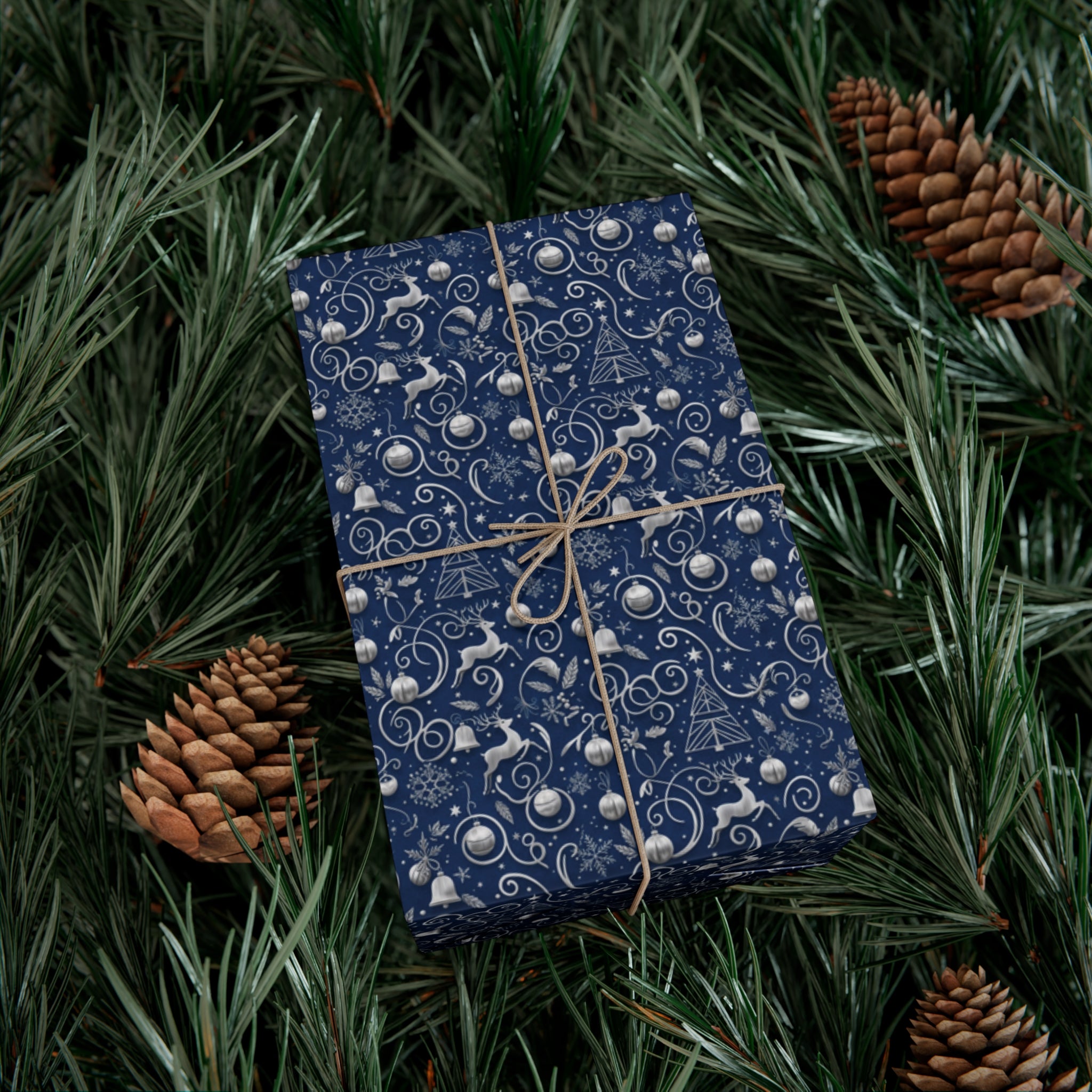 Emballage Cadeau de Noël Bleu et Argent Élégant – Feuilles et Rouleaux de Papier Cadeau Festif | MRSBYVALLE