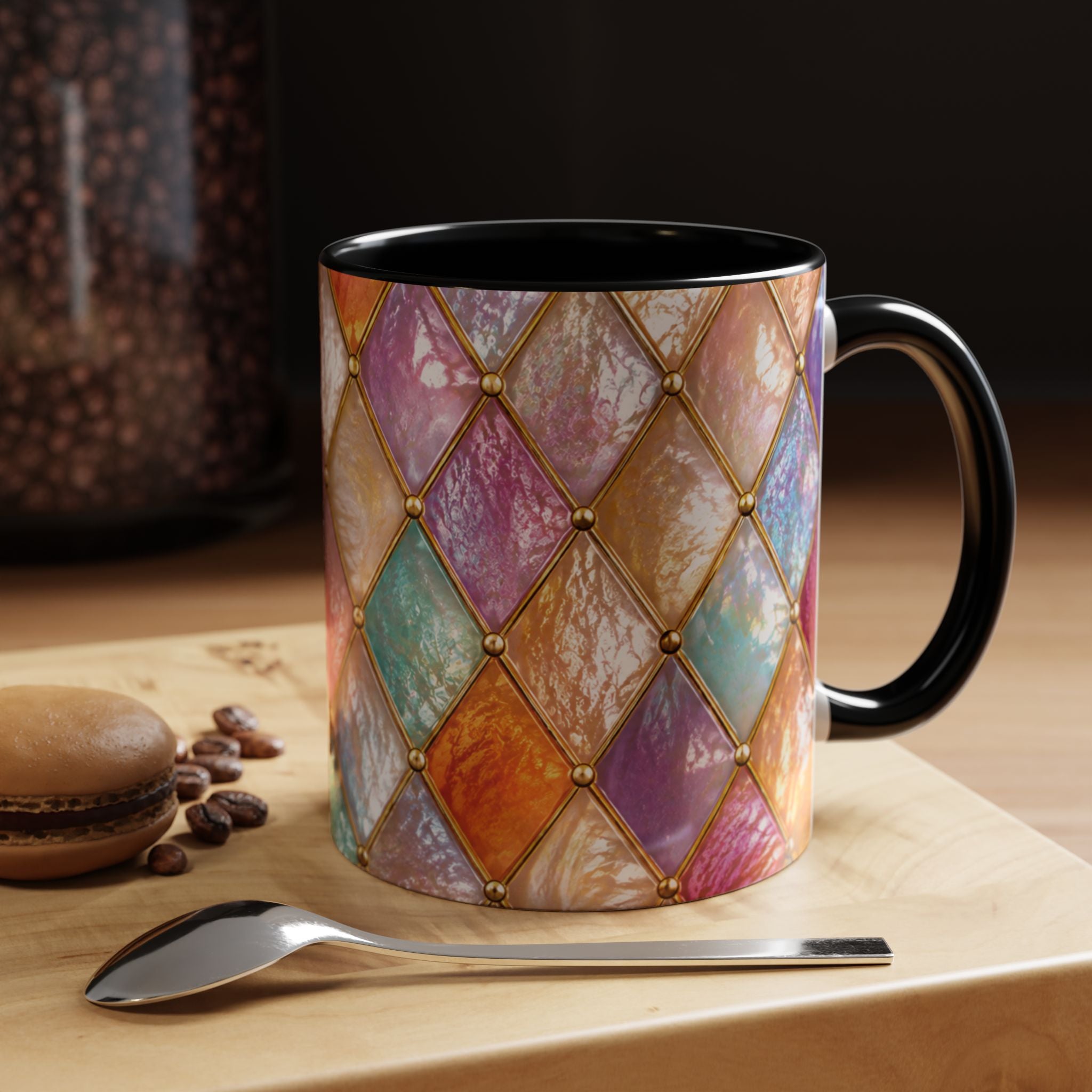 Colorful Jewel-Quilt Accent Coffee Mug — Vibrant Stained-Glass Pattern (11/15oz) Gift for her