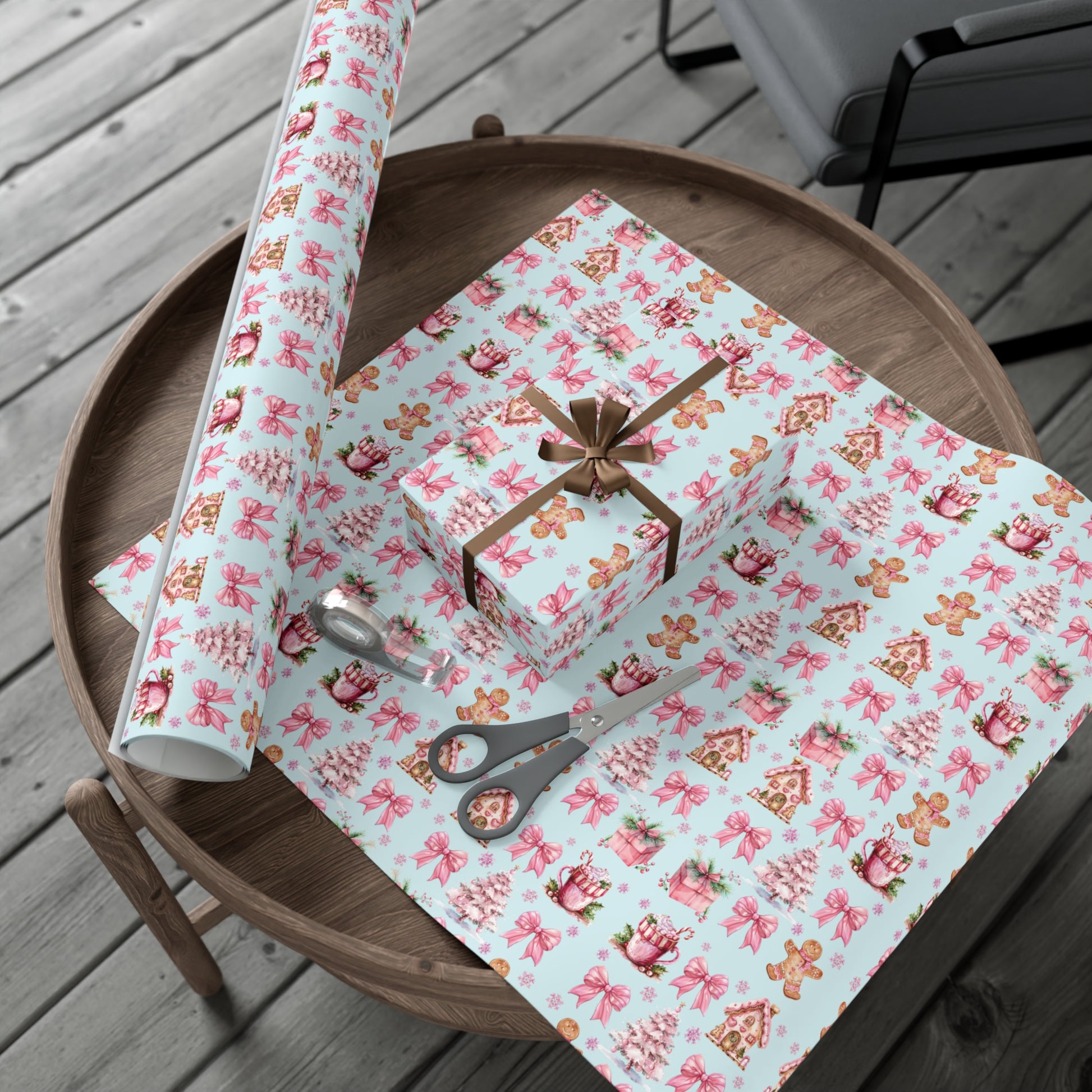 Coquette Pink Gingerbread House Man Wrapping Paper with Adorable Pink Bows Perfect for Whimsical Christmas Gift Wrap | Festive Holiday Present Wrapping Sheets - MRSBYVALLE