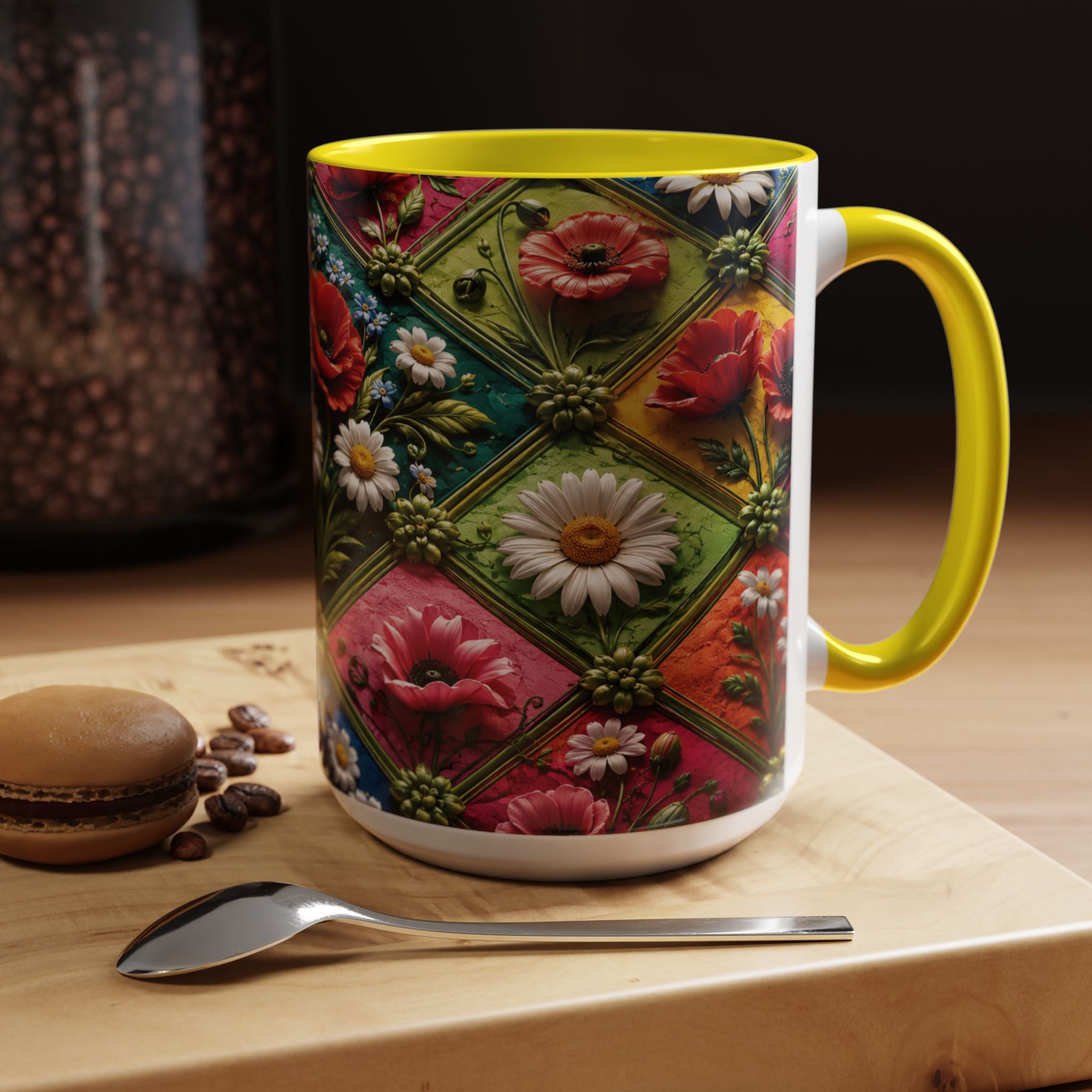 Floral Patchwork Accent Coffee Mug — Colorful Poppies & Daisies (11/15oz) 3D Illusion