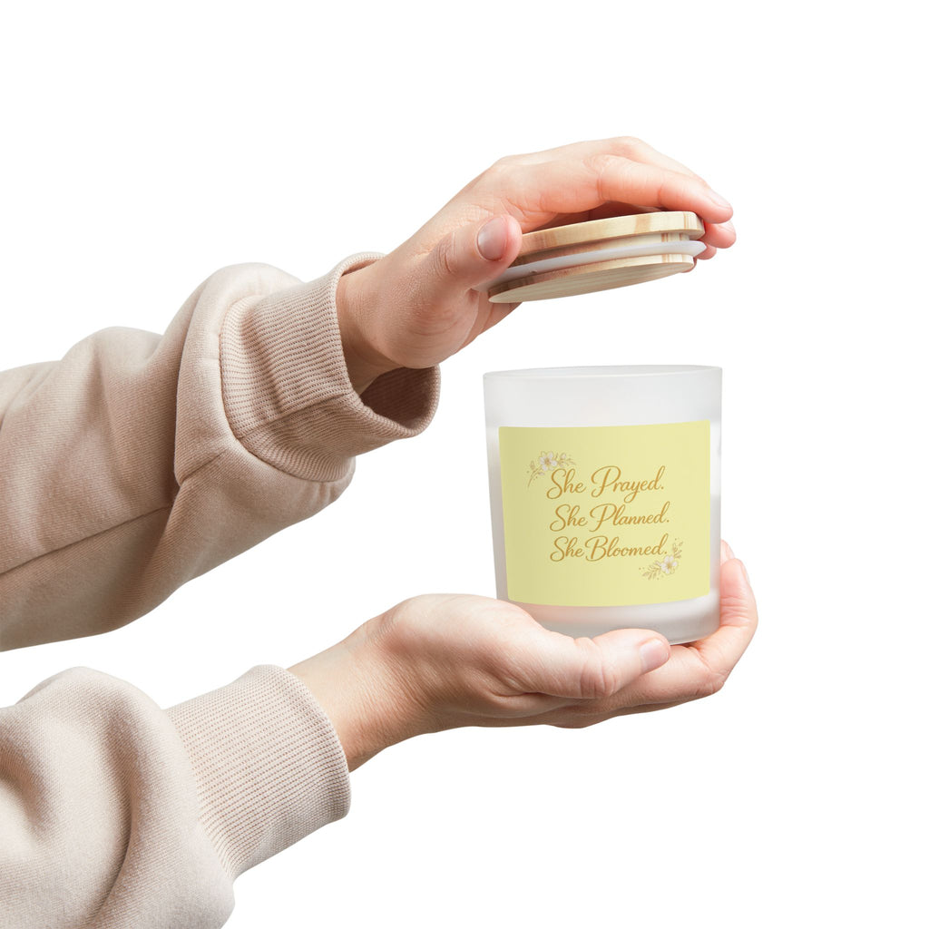 She Prayed She Planned She Bloomed — Inspirational Frosted Glass Candle (11 oz)
