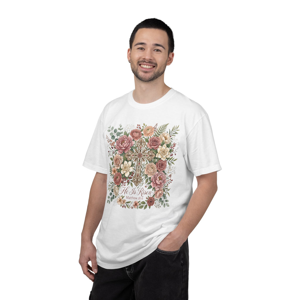 He Is Risen Floral Cross T-Shirt Christian Gift
