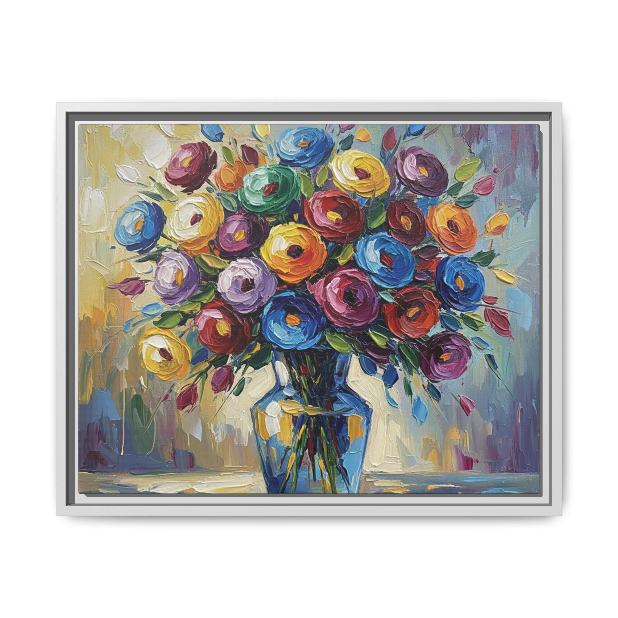 Impression sur toile bouquet floral aquarelle - Tableau mural encadré mat - Illusion de peinture à l'huile vibrante
