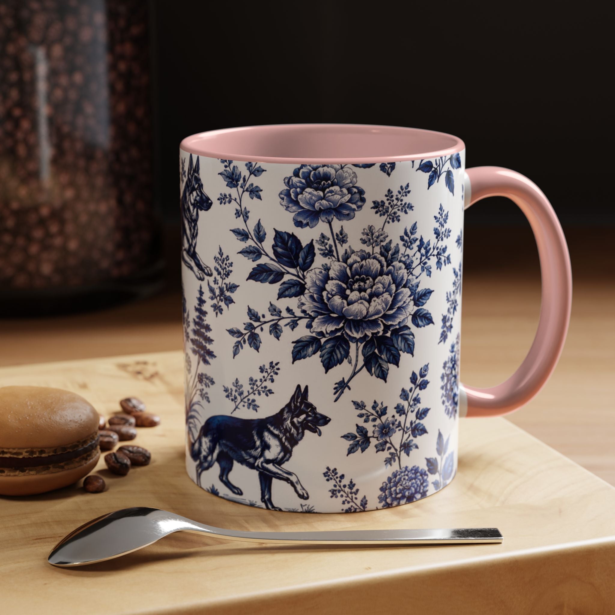 Elegant German Shepherd Floral Mug | Luxury Blue Toile Coffee Mug 11/15oz Accent Ceramic