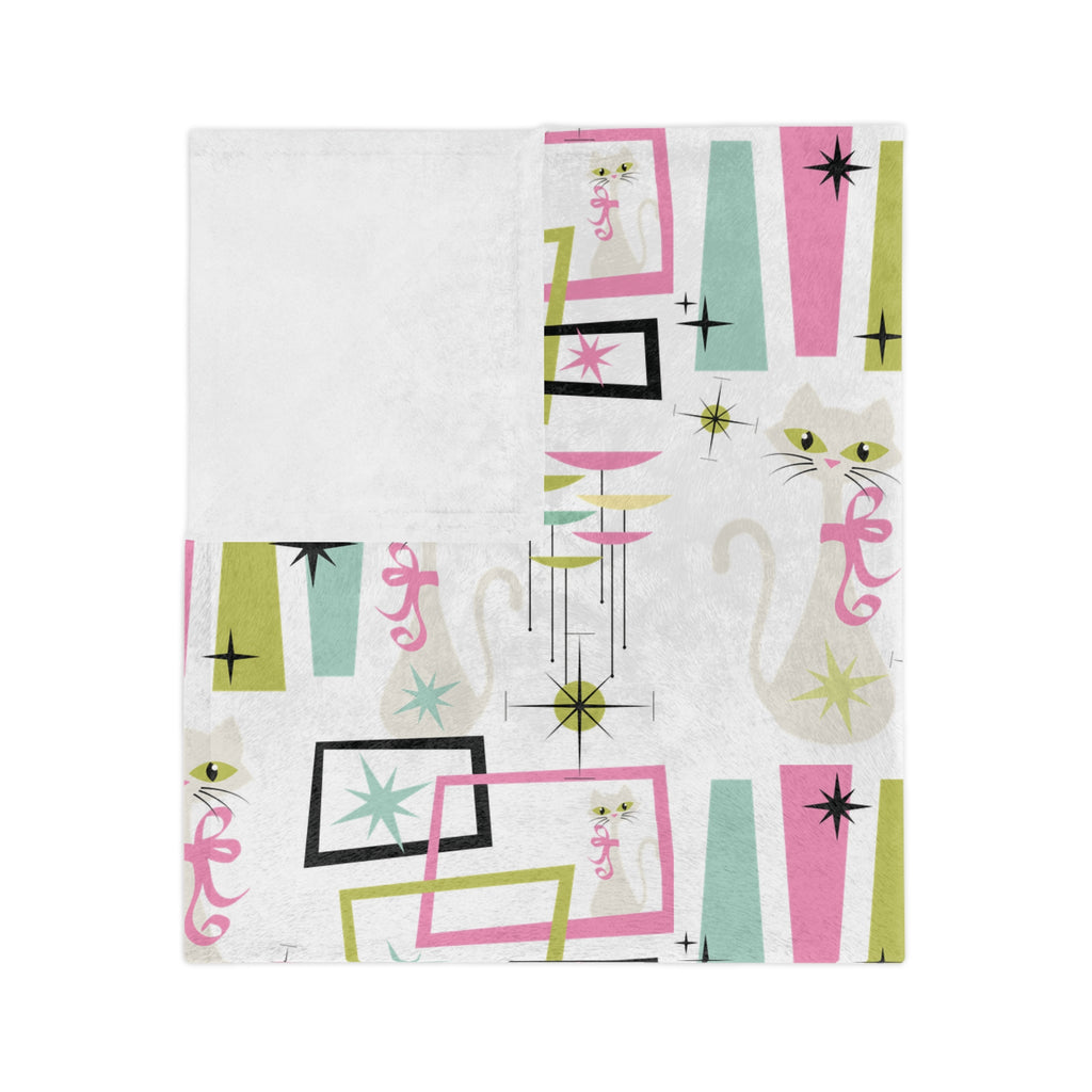 Pastel Atomic Kitty Cats Square Minky Blanket  Retro Mid-Century Modern Style for a Chic Throw in 60x50 & 80x60, Vintage Lightweight, Warm, Perfect for Home & Gift Giving Housewarming Gift Throw