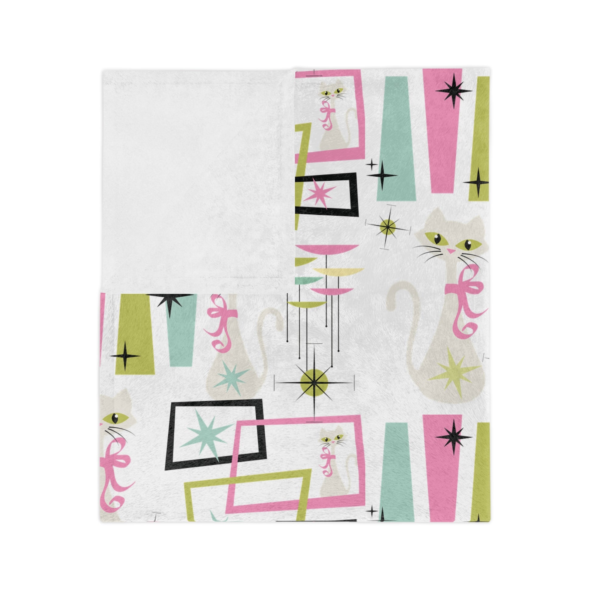 Pastel Atomic Kitty Cats Square Minky Blanket  Retro Mid-Century Modern Style for a Chic Throw in 60x50 & 80x60, Vintage Lightweight, Warm, Perfect for Home & Gift Giving Housewarming Gift Throw