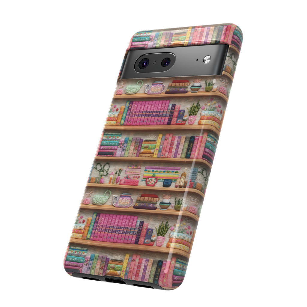 Whimsical 3D Embroidery Illusion Books on Pastel Shelves Phone Case for iPhone, Samsung & Pixel: Unique Accessory for Literary Enthusiasts Gift for Her Perfect for Floral Lover