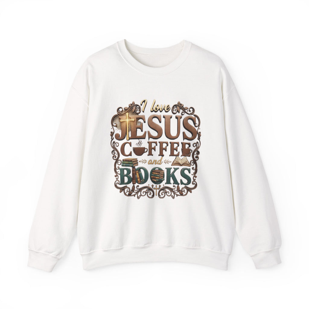 White sweatshirt with 'I love Jesus, coffee, and books' text design on a white background