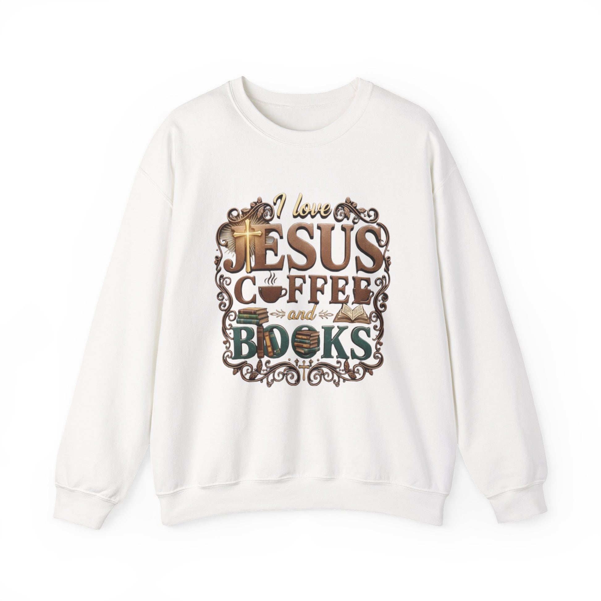 White sweatshirt with 'I love Jesus, coffee, and books' text design on a white background